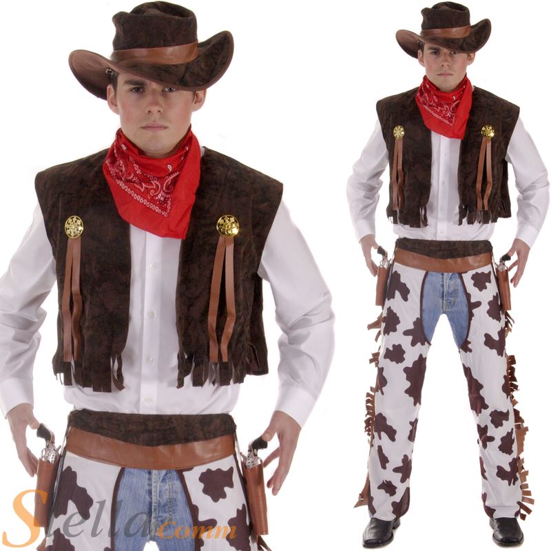 Adult Mens Cowboy Chaps Waistcoat Hat Western Wild West Fancy Dress Costume eBay