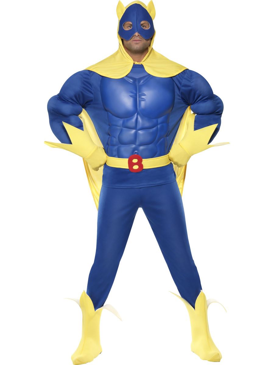Mens Deluxe Bananaman Muscle Chest Superhero Fancy Dress Costume Banana