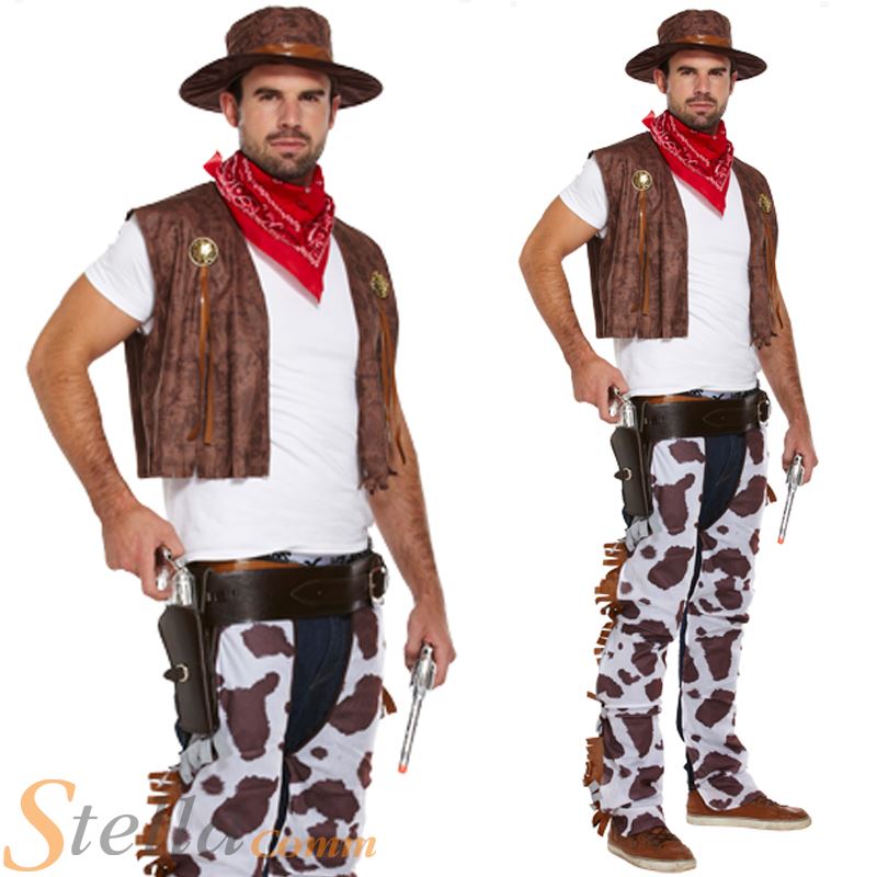 Adult Mens Cowboy Chaps Waistcoat Hat Western Wild West Fancy Dress