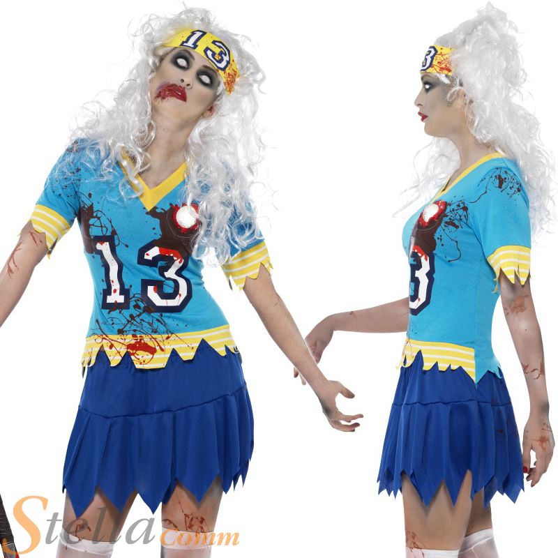 Ladies Zombie Hockey Player Halloween Fancy Dress Costume + Bloody