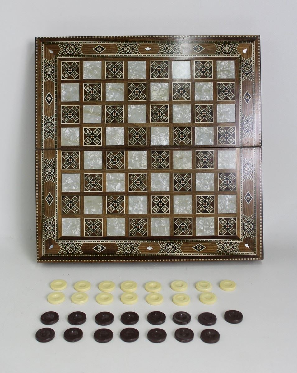 Vintage Wood & Mother Of Pearl Mosaic Inlaid Backgammon & Chess Set