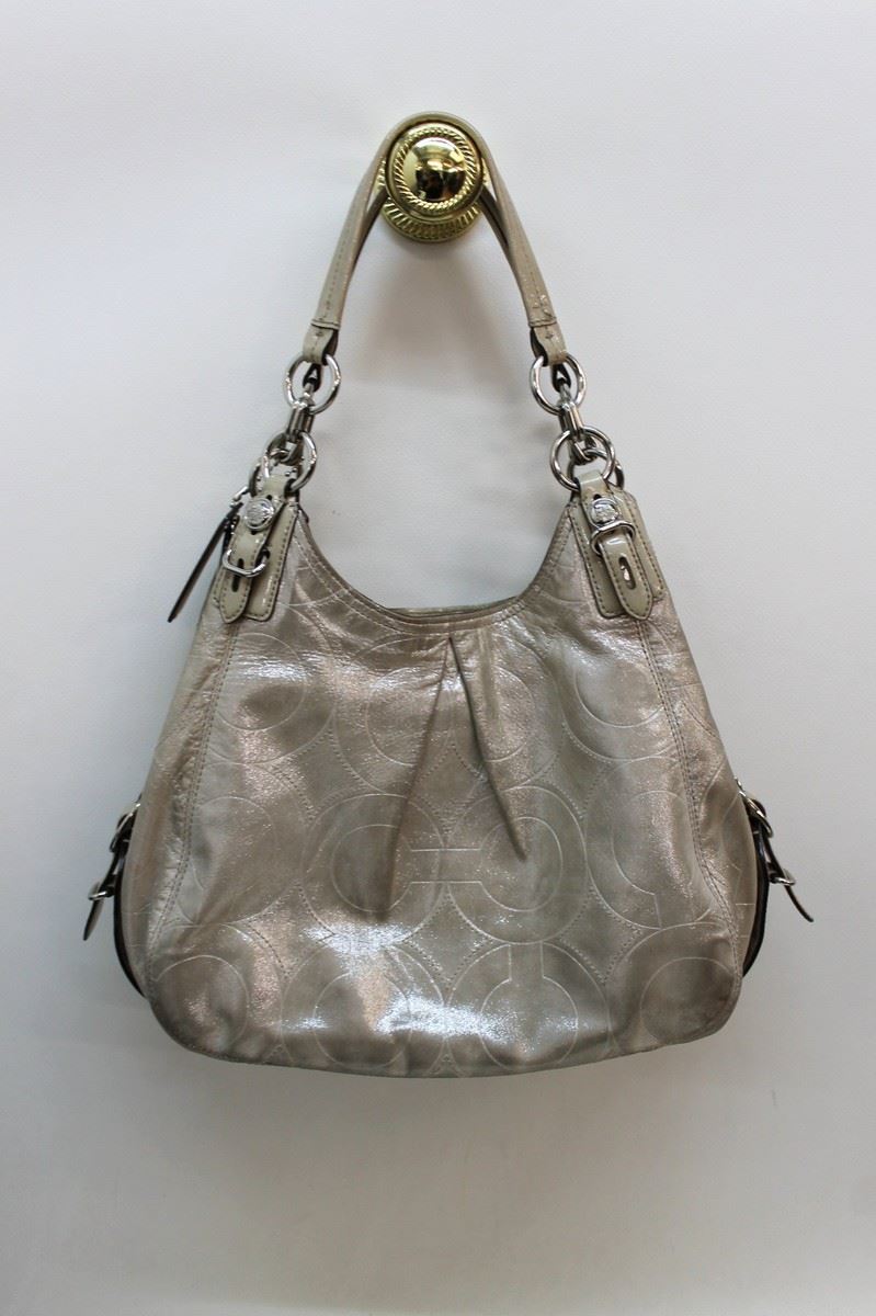 COACH Ladies Beige Leather Double Strap Metallic Shoulder Handbag Medium