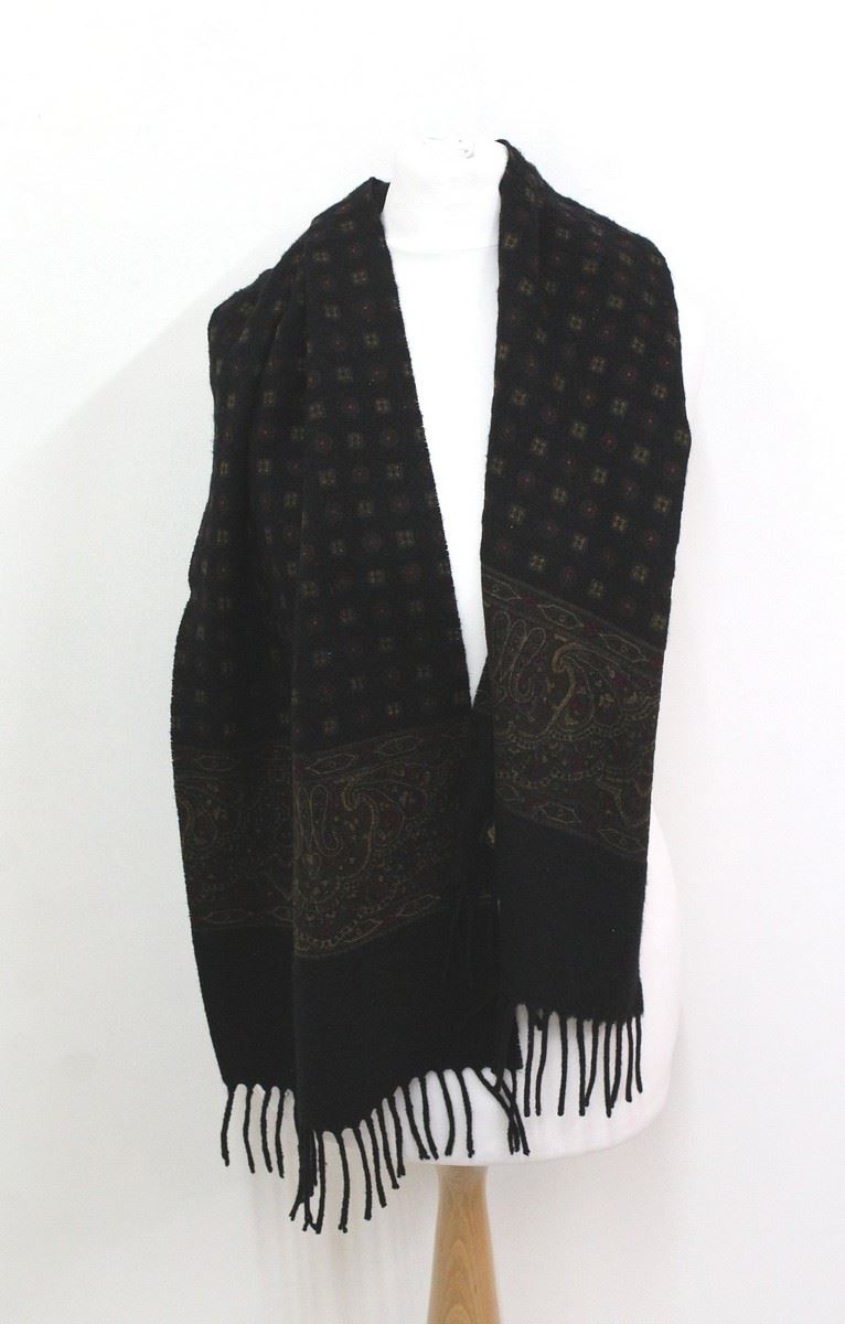LORO PIANA Ladies Black Extra Fine Knitted Ornamental Pattern Cashmere Scarf ...