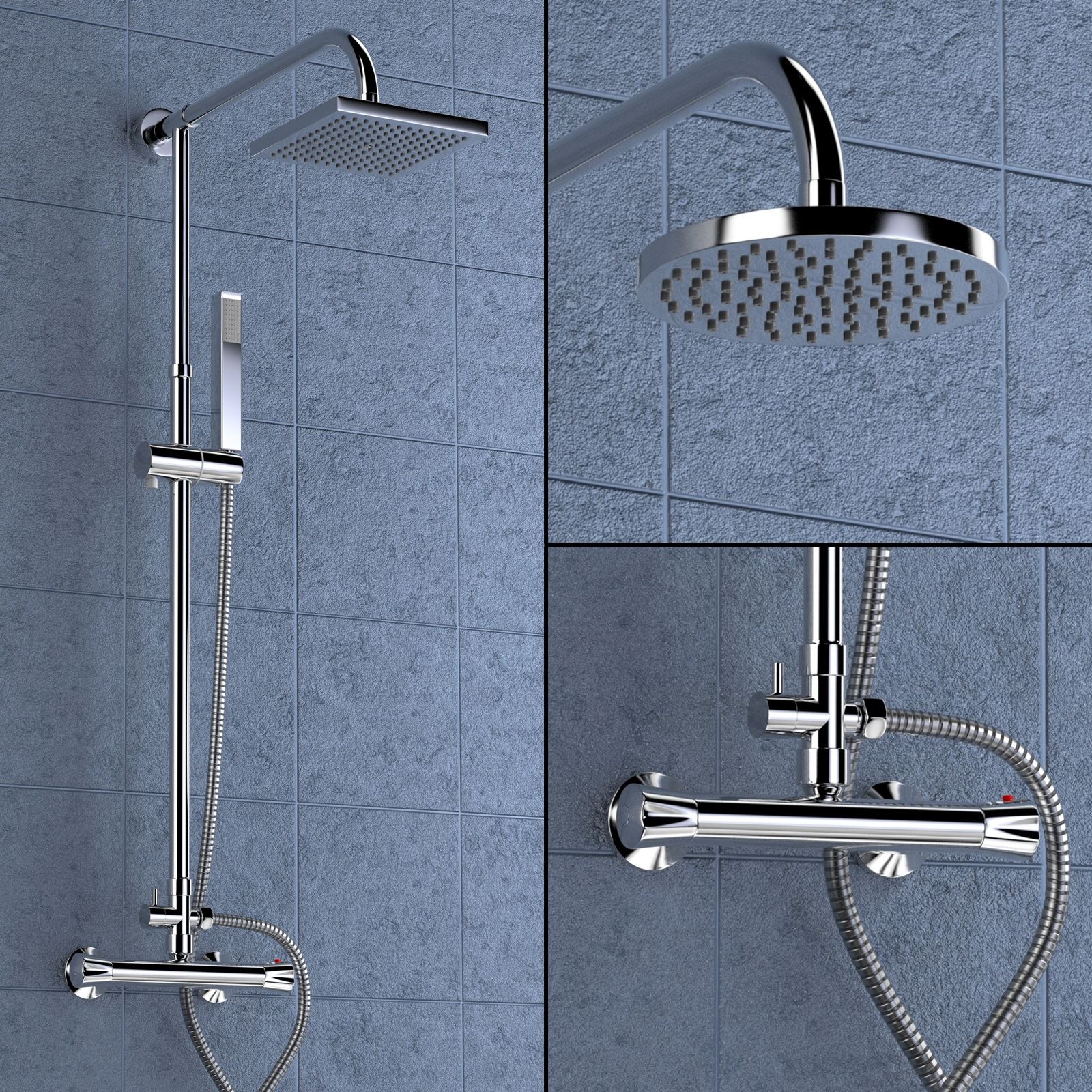 ROUND or SQUARE TWIN HEAD THERMOSTATIC SHOWER MIXER CHROME BATHROOM