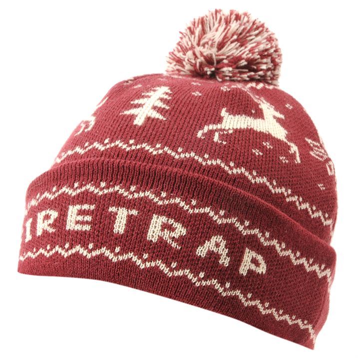 Firetrap Mens Nordic Hat Knitted Beanie Bobble Fold Over Brim Pom Pom