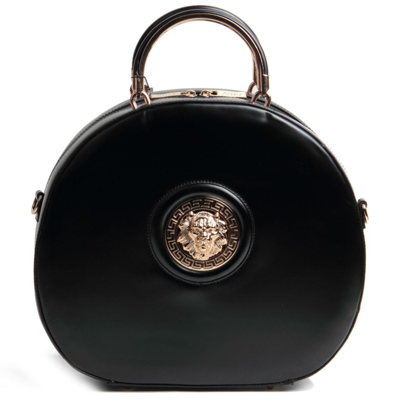 Womens Ladies Zip Up Disc Shaped Bag Metalic Top Handle Handbag Lion