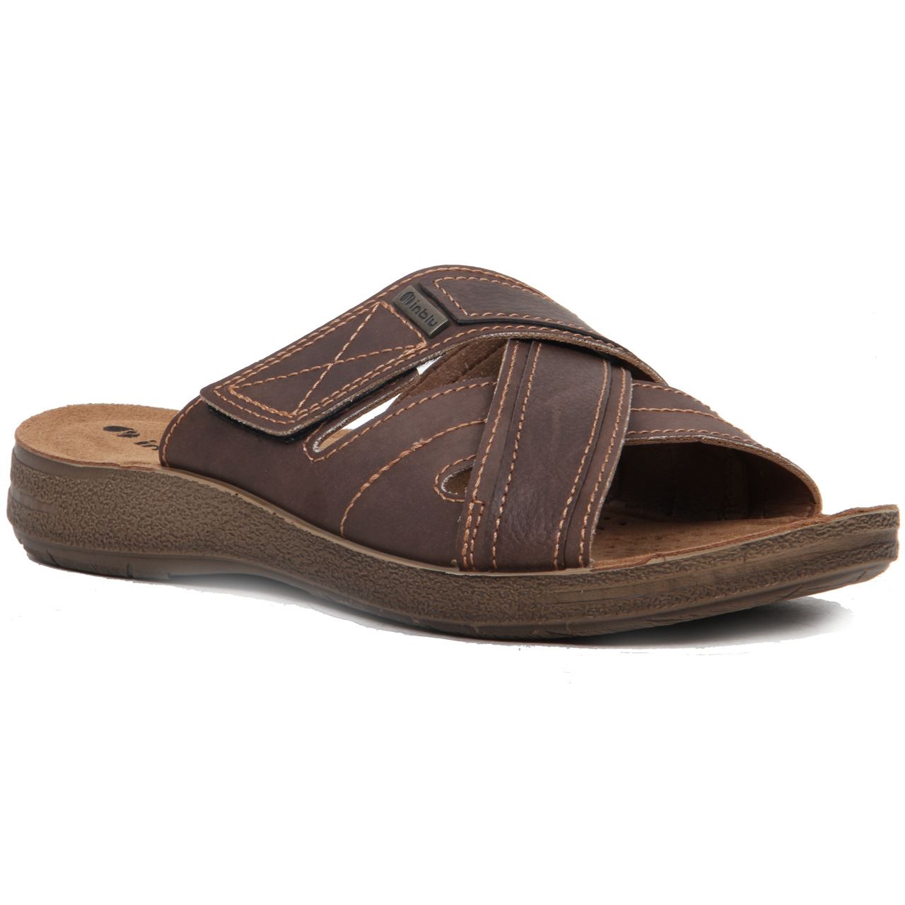 Mens Leather Lined Hook & Loop Strap Open Back Mule Sandals Summer Shoes