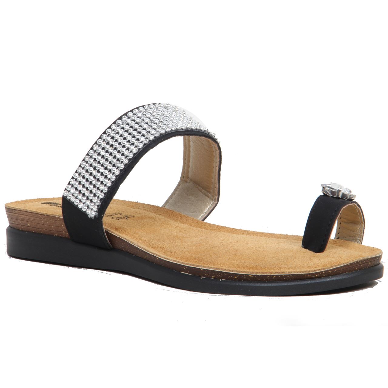 Womens Ladies Sparkling Toe Ring Slip On Leather Lined Wedge Sandals