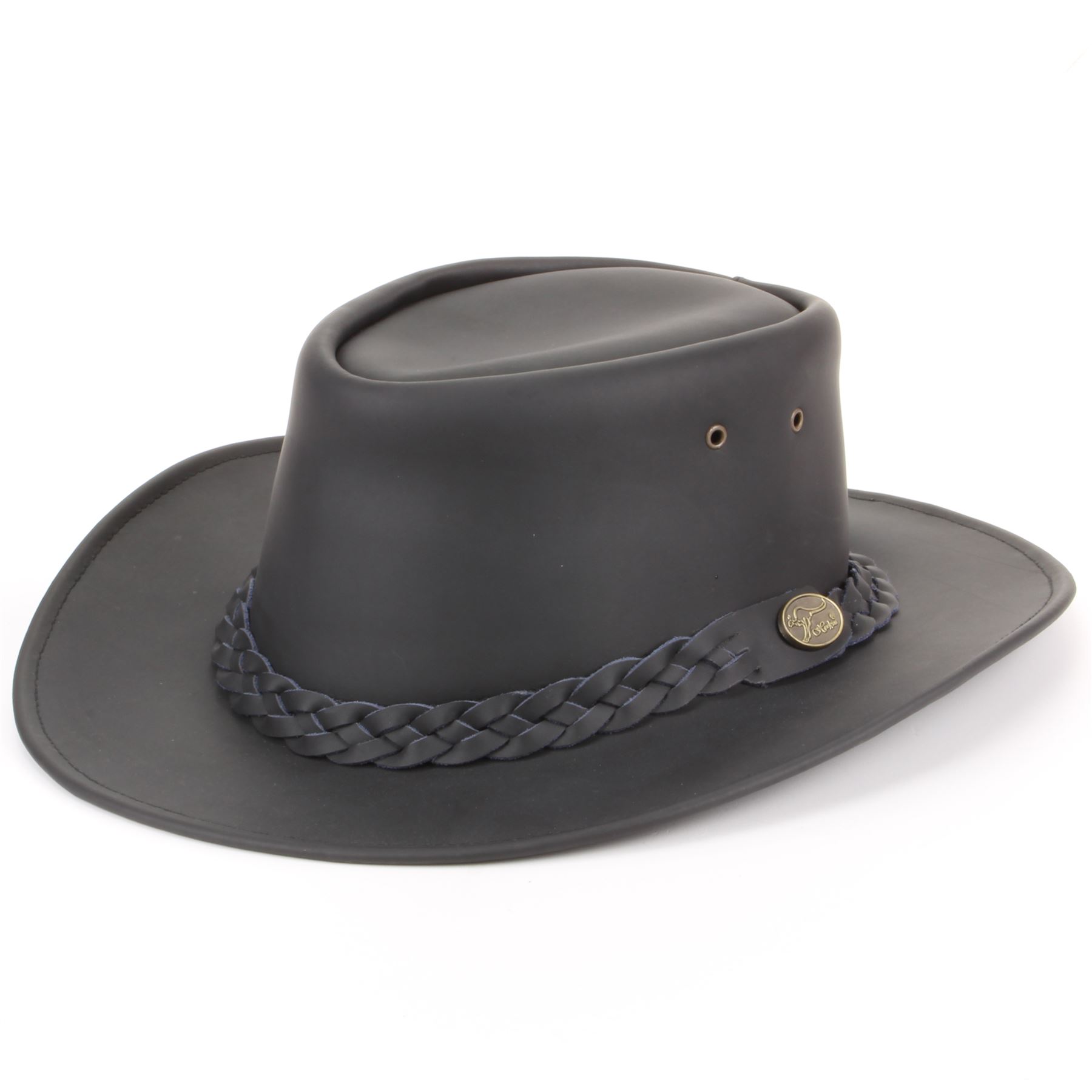 AUSTRALIAN LEATHER BUSH HAT WESTERN COWBOY STETSON BLACK 4 Sizes