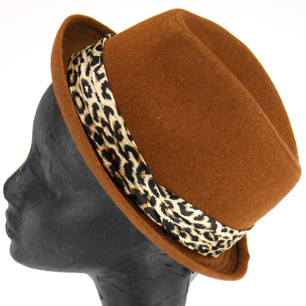 TRILBY HAT STINGY TURN UP BRIM with LEOPARD PRINT BAND WOOL FELT PORK