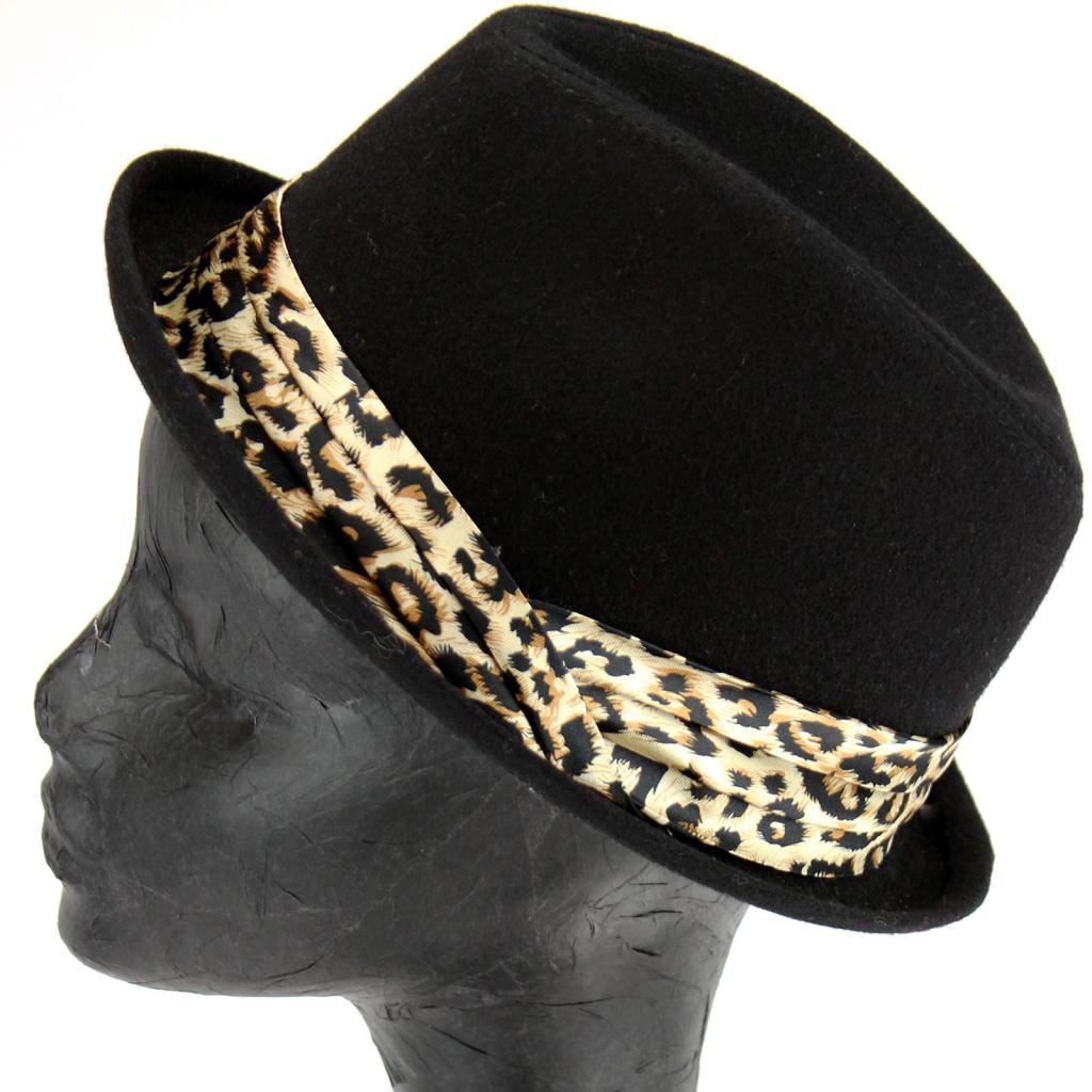 TRILBY HAT STINGY TURN UP BRIM with LEOPARD PRINT BAND WOOL FELT PORK