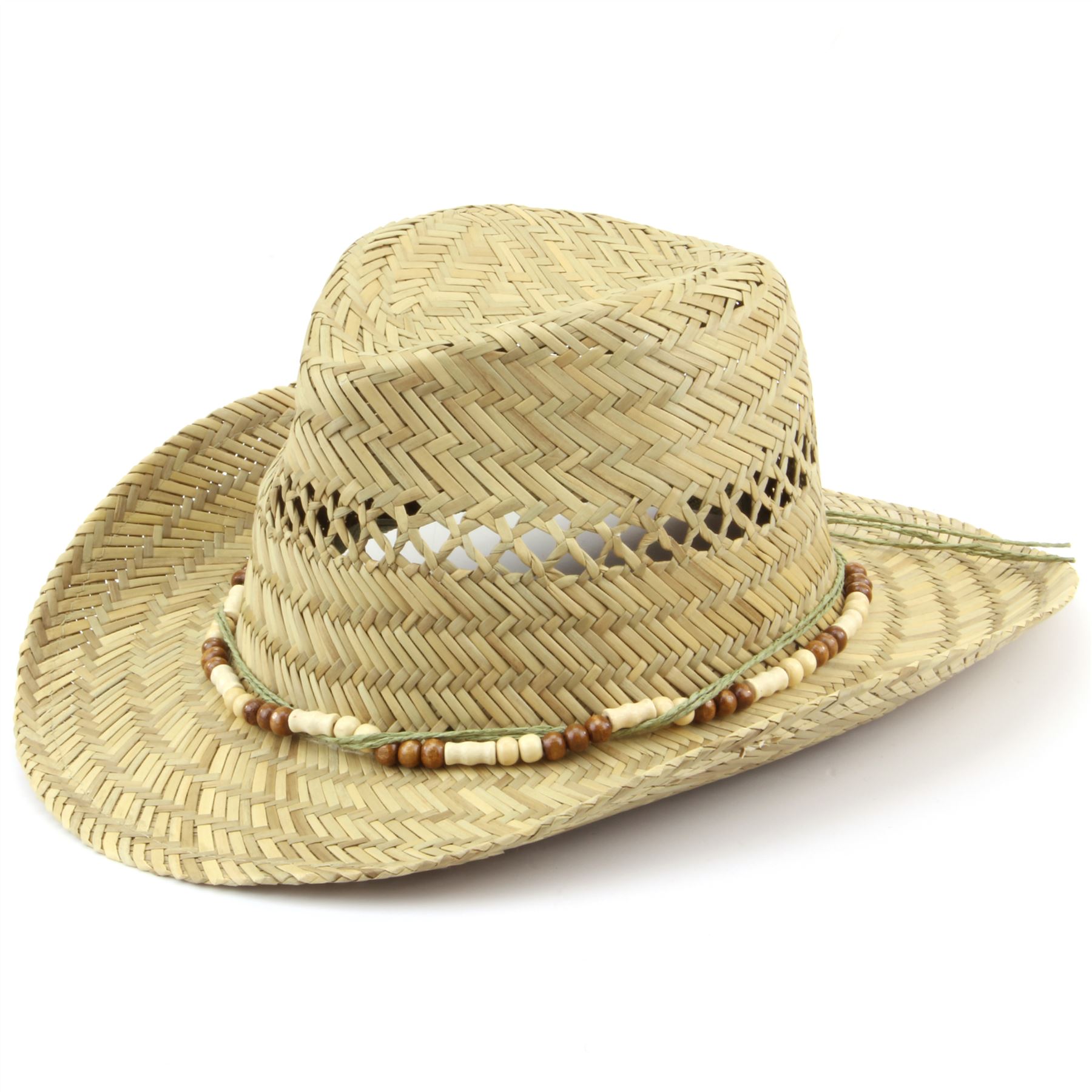 Straw Cowboy Hat Stetson Hawkins Cap Sun Mens Womens Wood Beads Ladies
