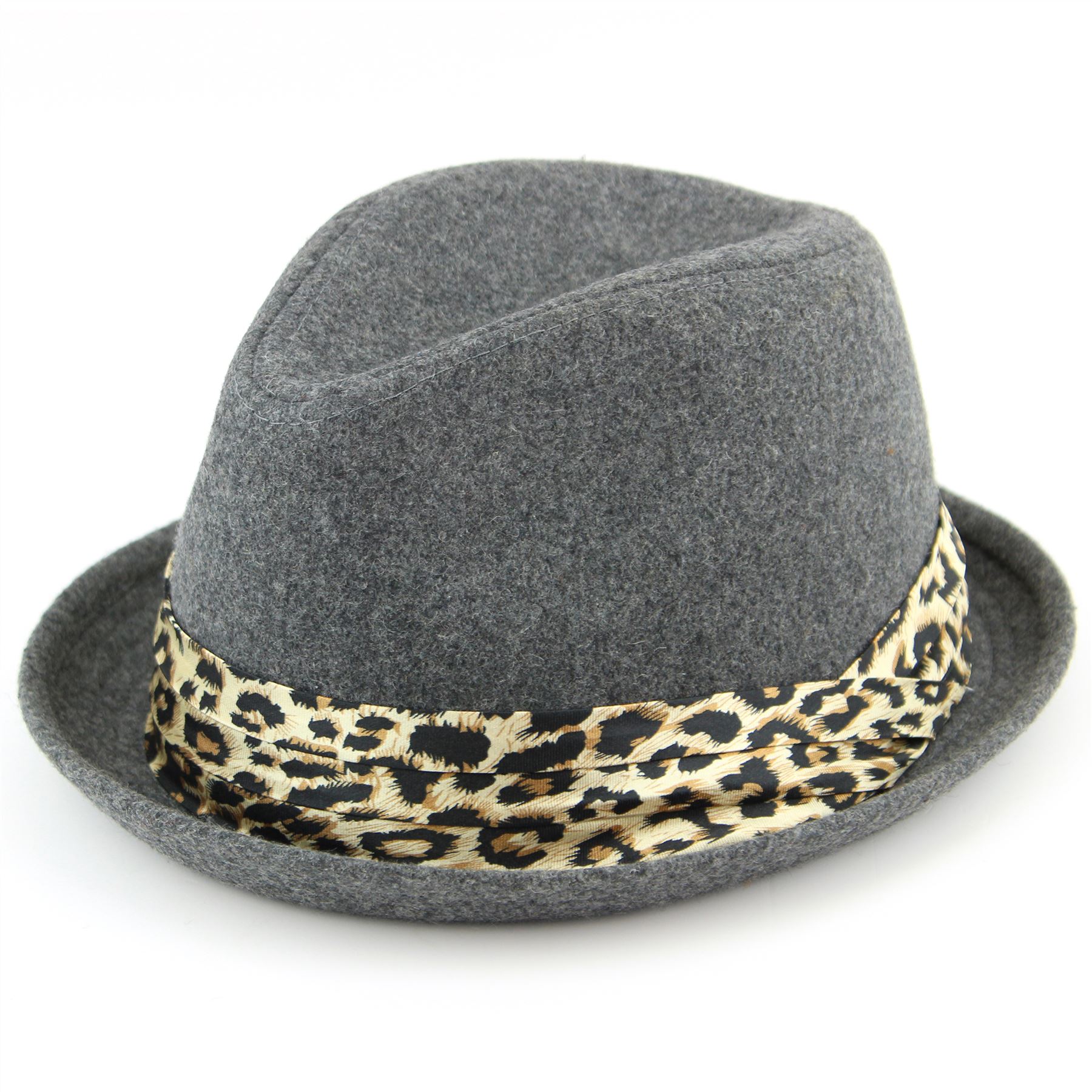 Trilby Hat Womens Hawkins Leopard Print Band BLACK GREY BROWN Fedora