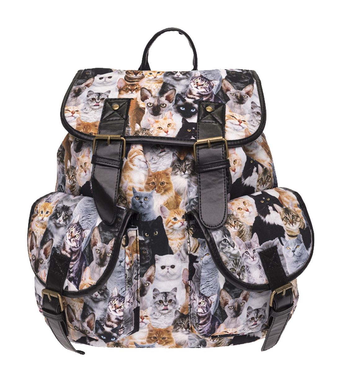 Kukubird Double Pocket Book Bag Cats Pattern Vintage Rucksack Backpack