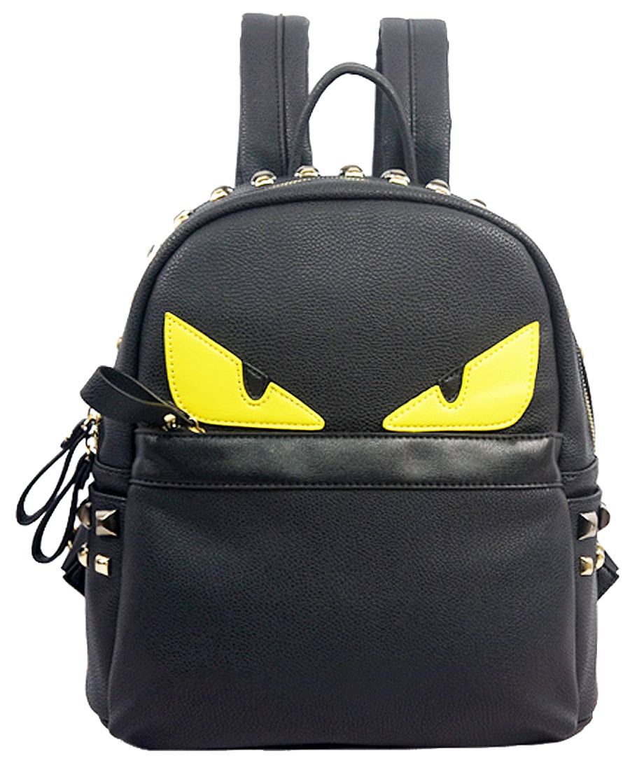 Designer Black Monster Eyes Faux Leather Backpack With Metal Stud