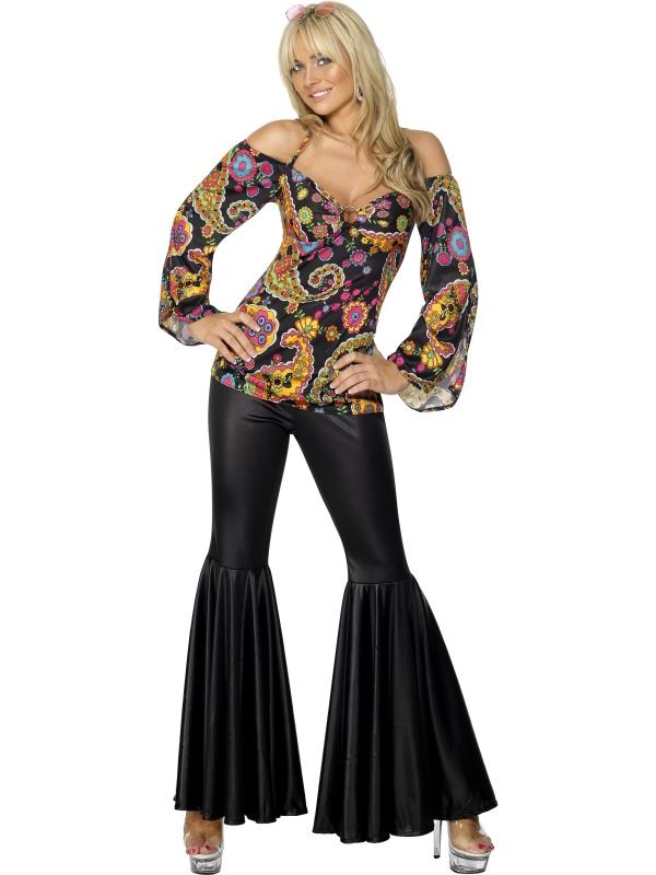 LADIES HIPPIE COSTUME GROOVY HIPPY 1970s RETRO DISCO FLARES FANCY DRESS