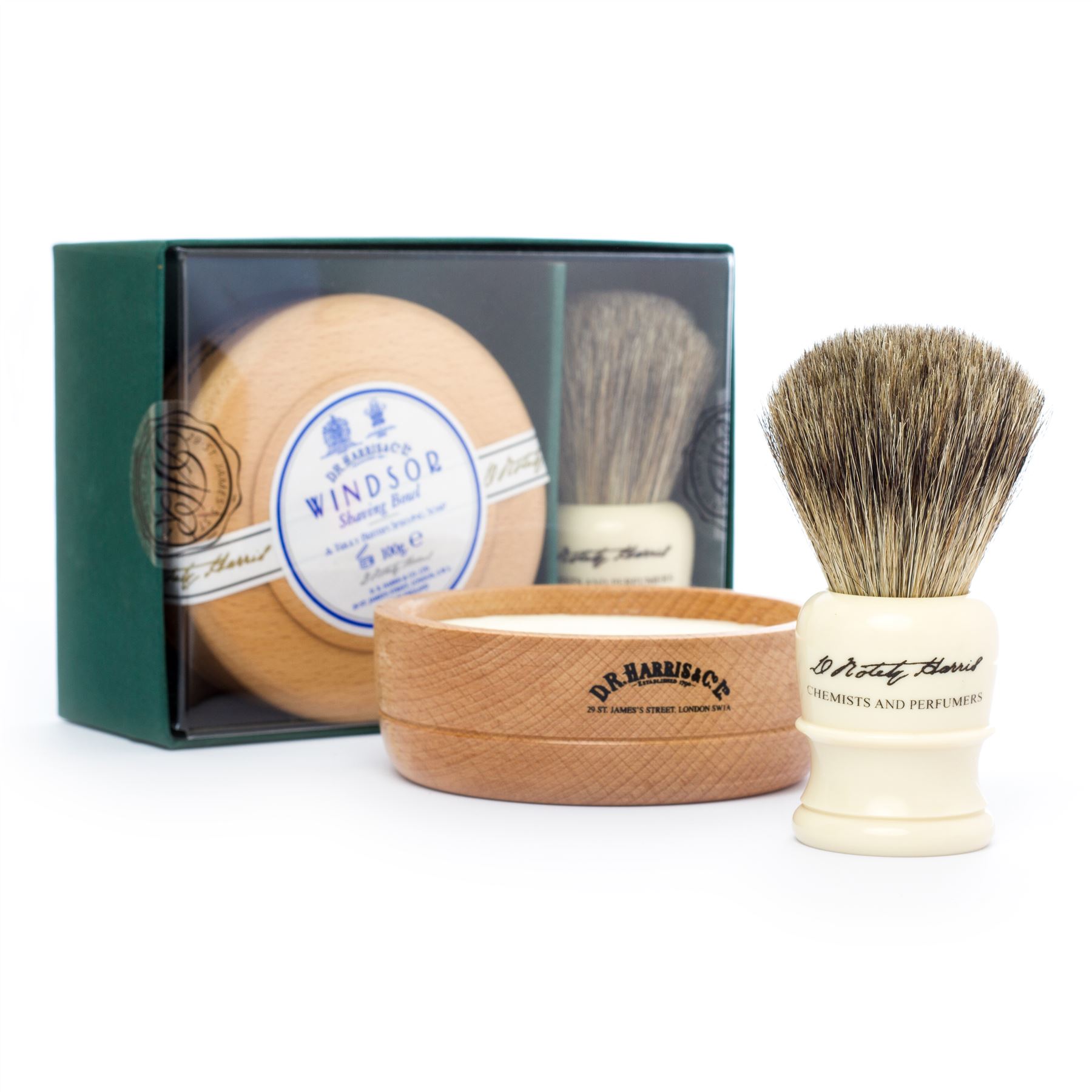 DR Harris & Co Shaving Brush, Beech Bowl & Windsor Shave Soap Gift Set