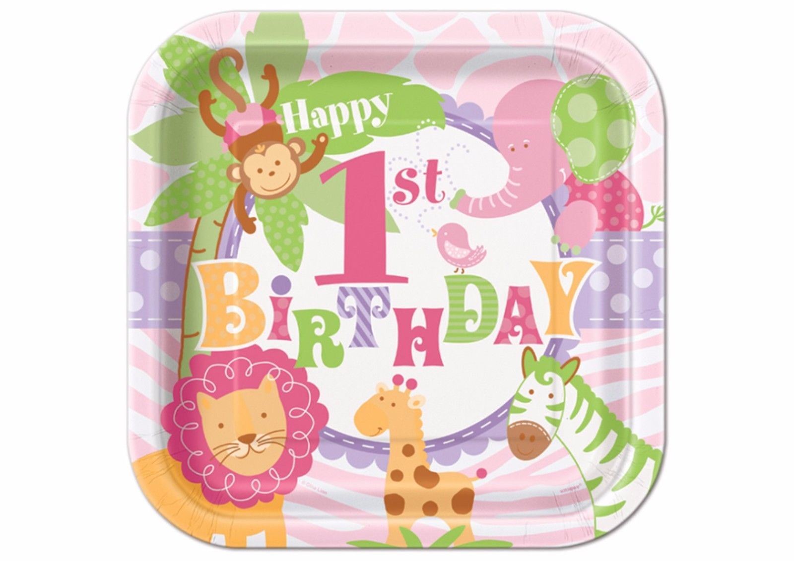 1st Birthday Pink Safari Tableware Baby Girl Partyware Jungle Animals