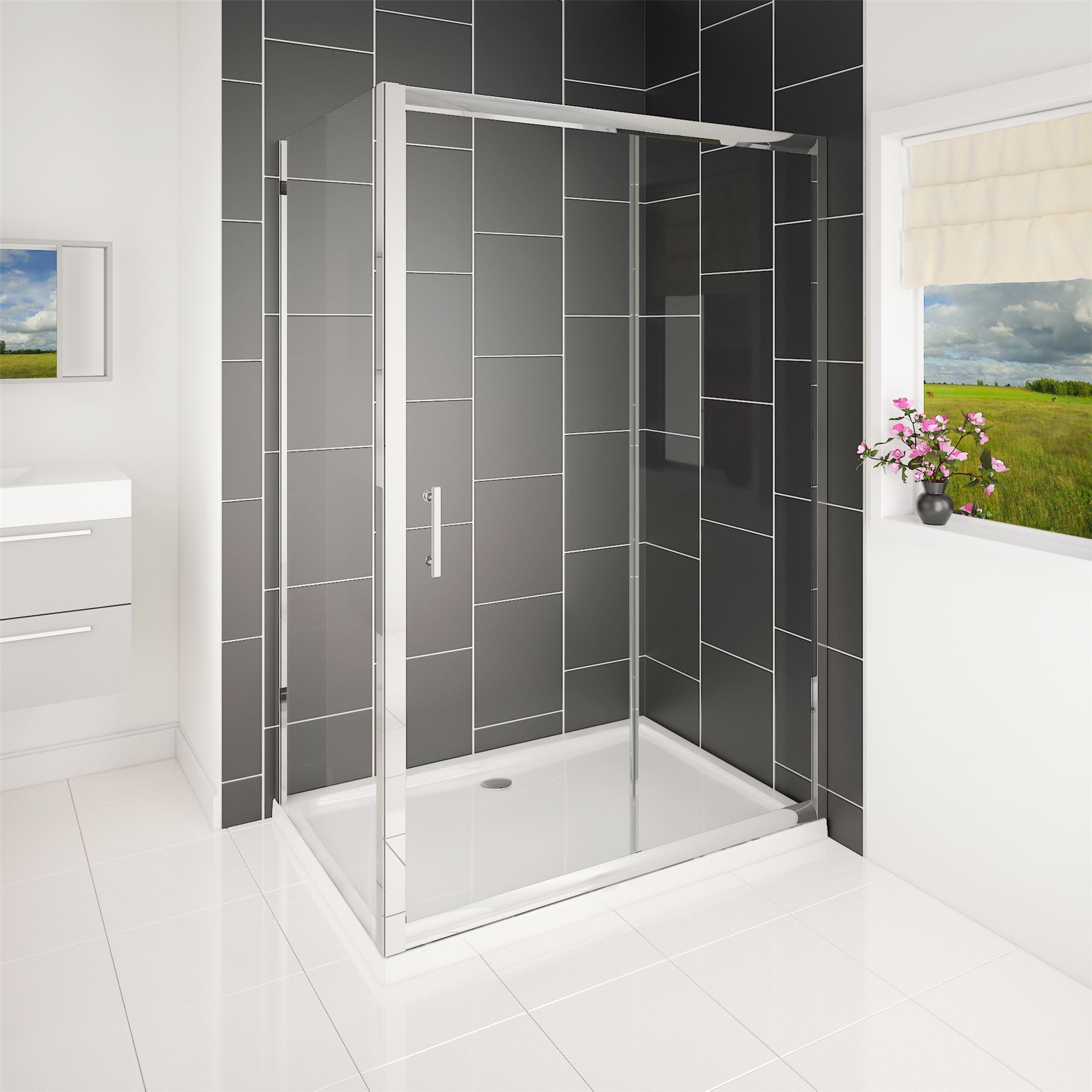 Easy Walk in Glass Single Chrome Sliding Door Shower Enclosure Cubicle