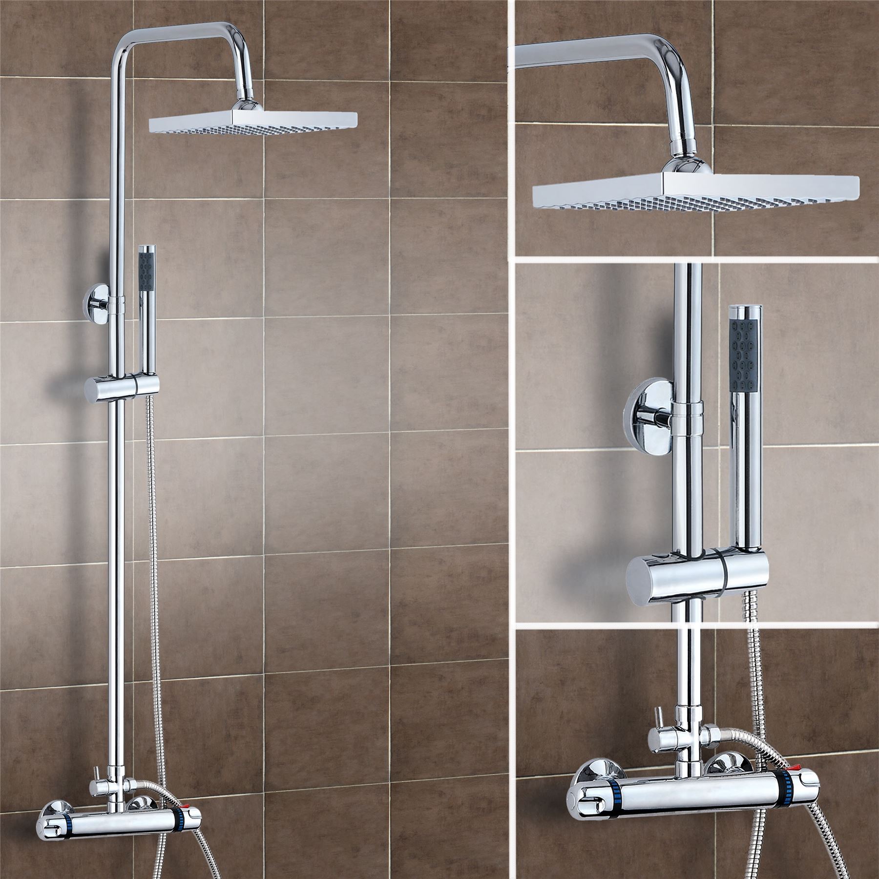 Square or Round Chrome Thermostatic Modern Bathroom Twin Head Shower
