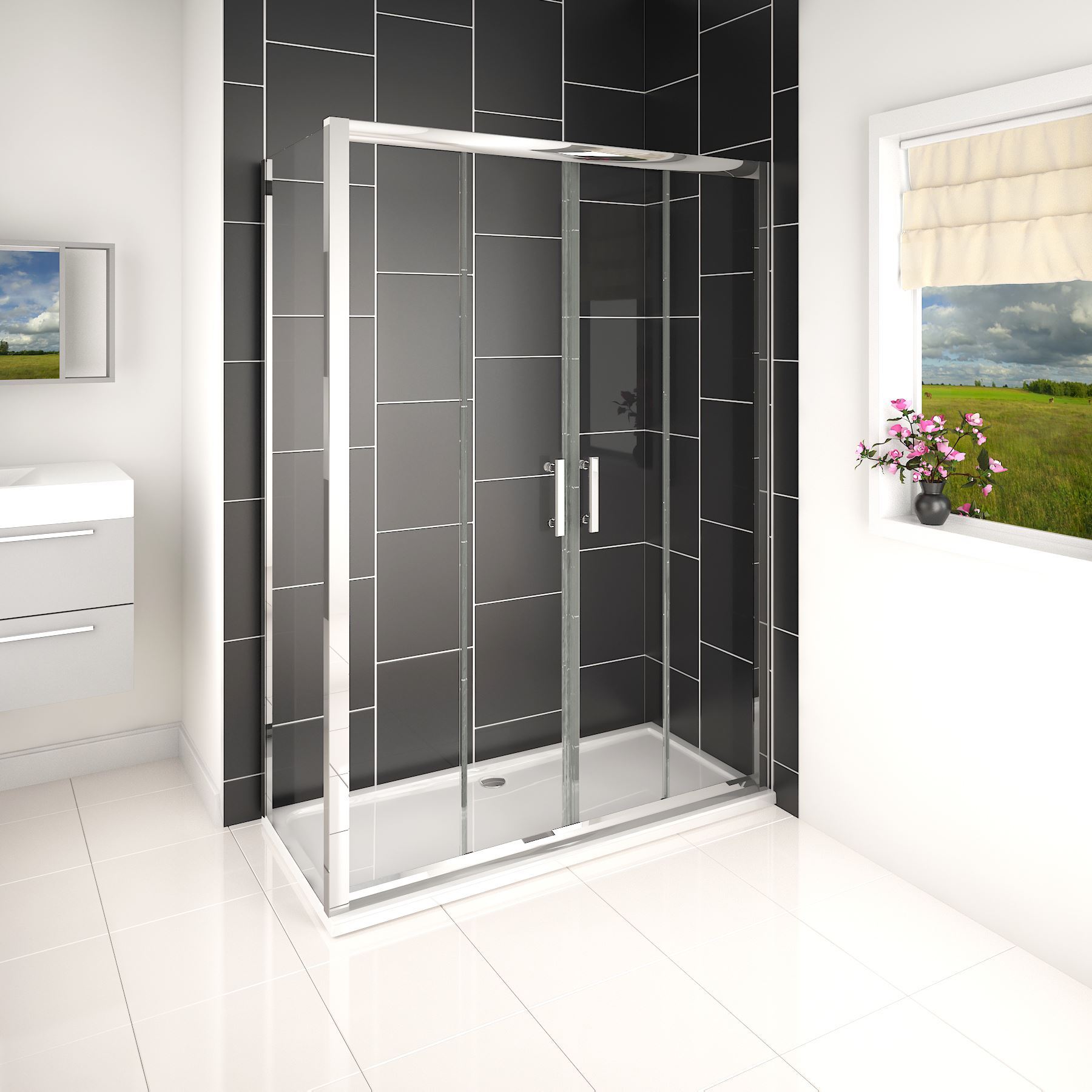 Easy Walk in Glass Sliding Door Shower Enclosure Corner Cubicle Tray