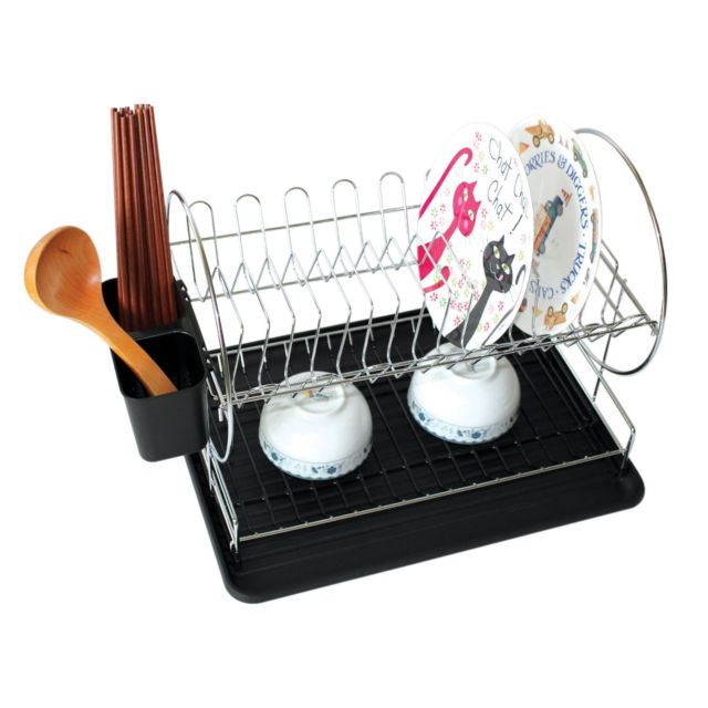 New 2 Tier Chrome / PVC Dish Drainer Drip Tray Plates Rack & Glass