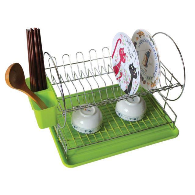 New 2 Tier Chrome / PVC Dish Drainer Drip Tray Plates Rack & Glass