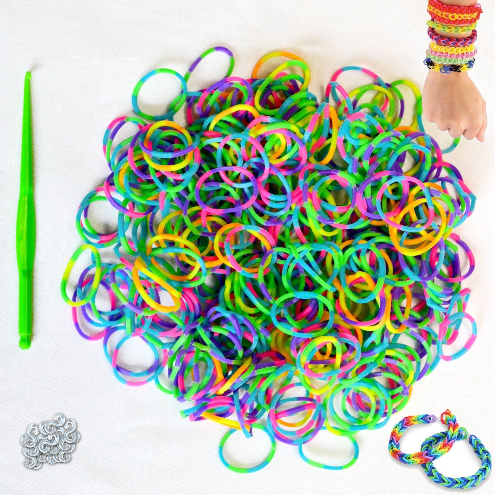 600 Colourful Rainbow Loom Bands Rubber Bright Neon Tool Bracelet Looms