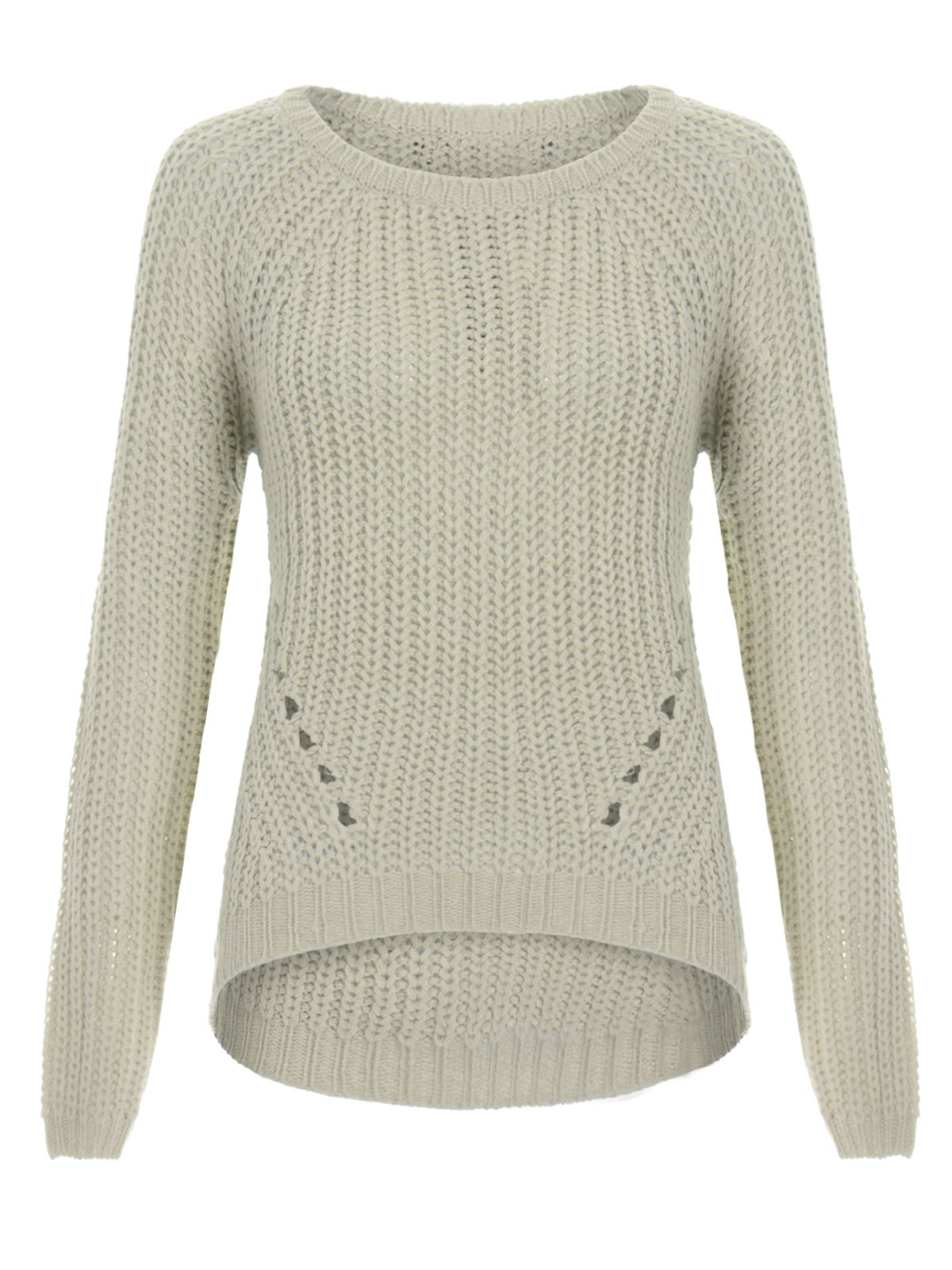 Womens Ladies Curved Hem Knit Jumper Rib Hole Knitted Sweater Ribbed