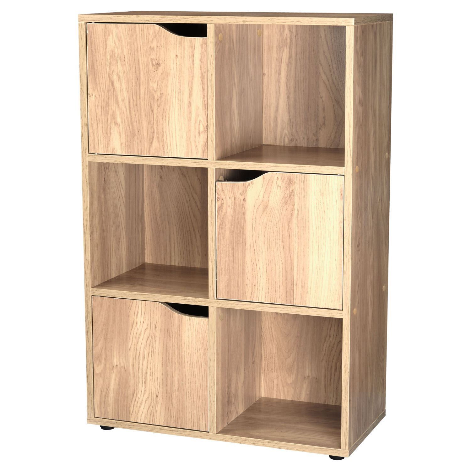 OAK FINISH 6 CUBE 3 DOOR WOODEN STORAGE UNIT DISPLAY SHELVING BOOKCASE