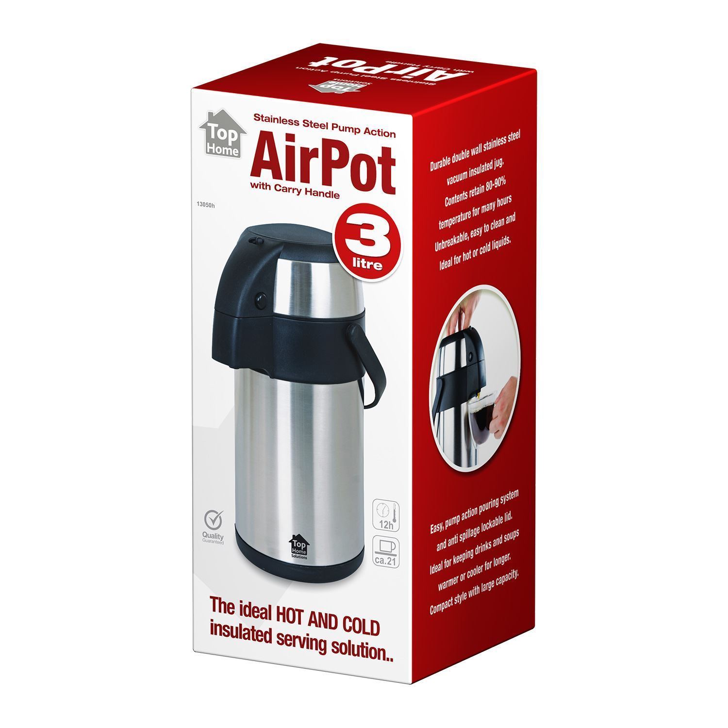 NEW BOXED STAINLESS STEEL PUMP ACTION FLASK AIRPOT VACUUM HOT & COLD 3L