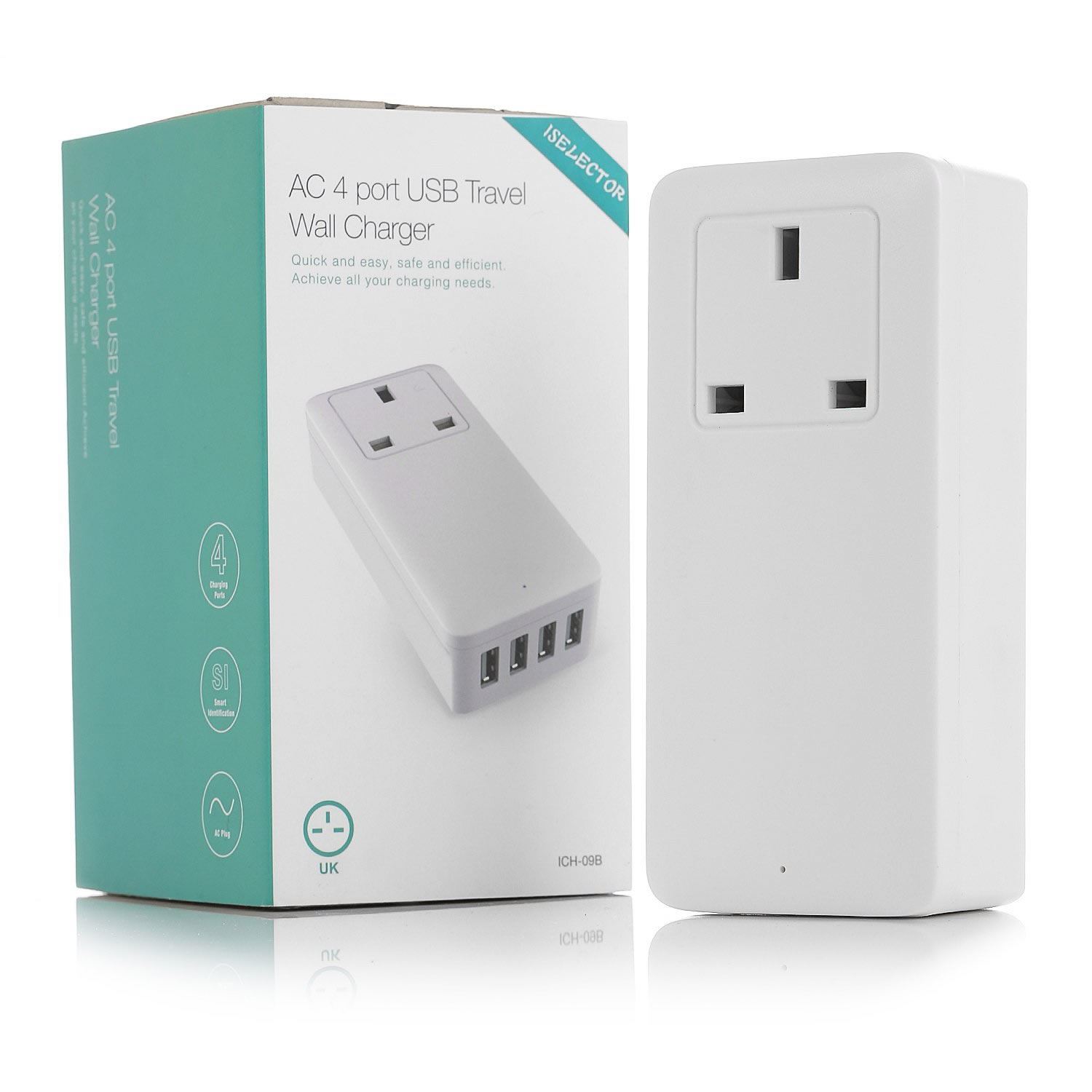 4Port USB Wall Plug Quick Charger With ACOutlet UK 3Pin For Phones