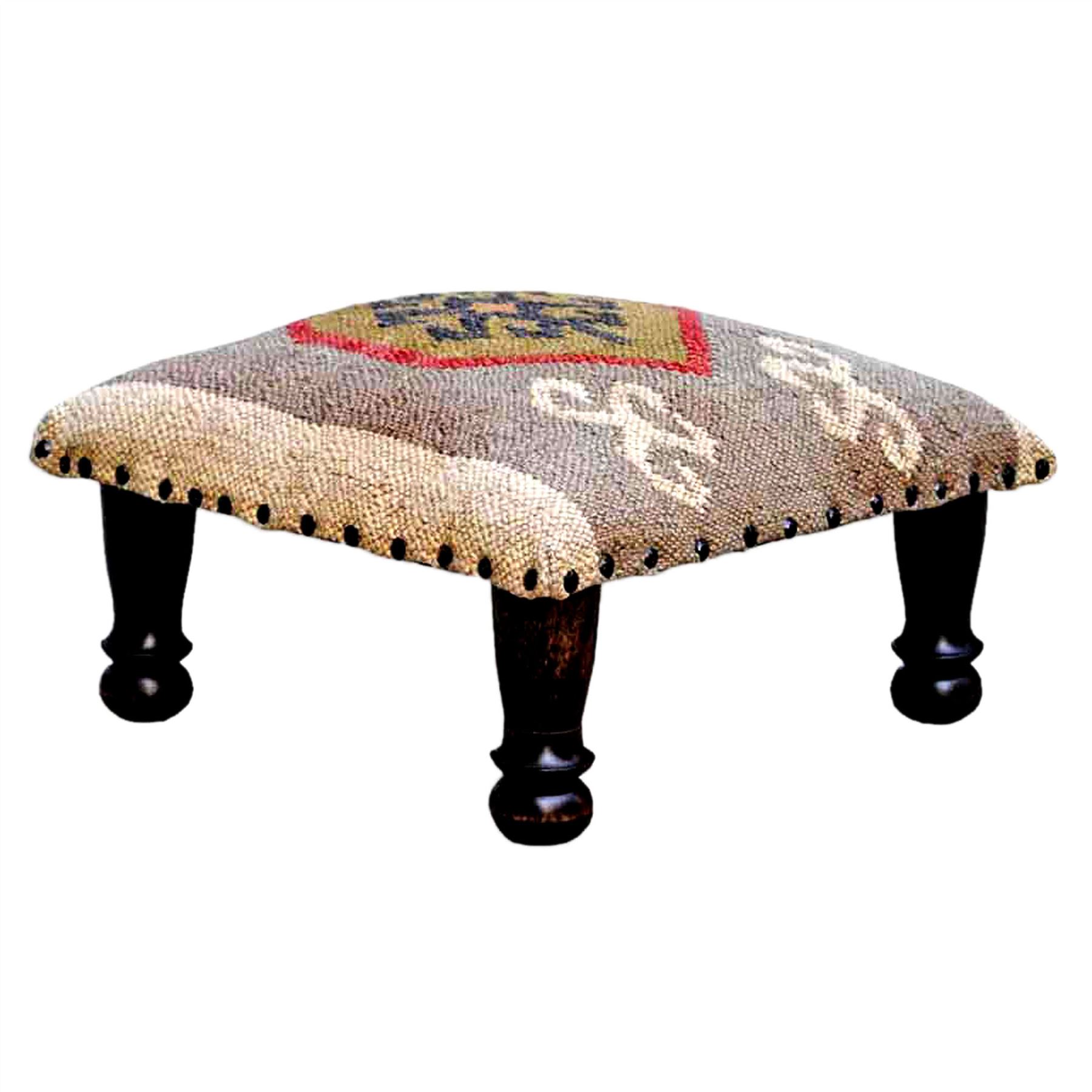 Upholstered Kilim Footstools, Traditional Handmade Solid Acacia Wood