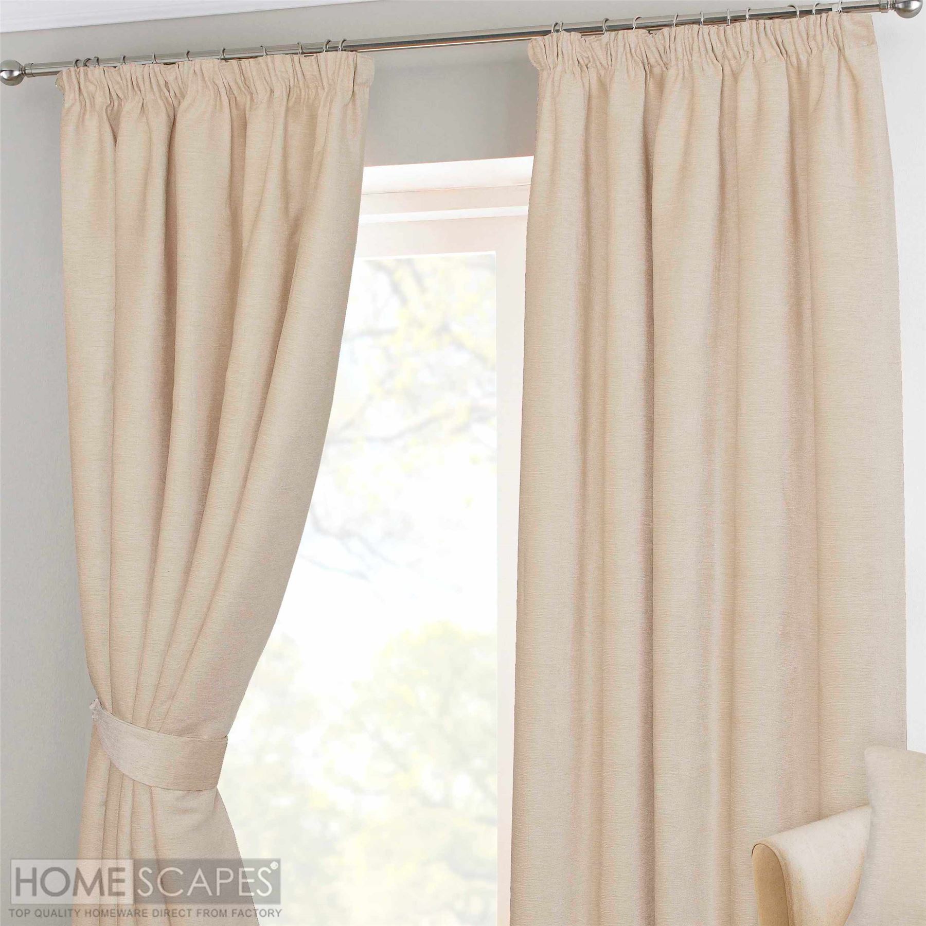 Natural Cream Chenille Pencil Pleat Lined Thermal Ready Made Curtains