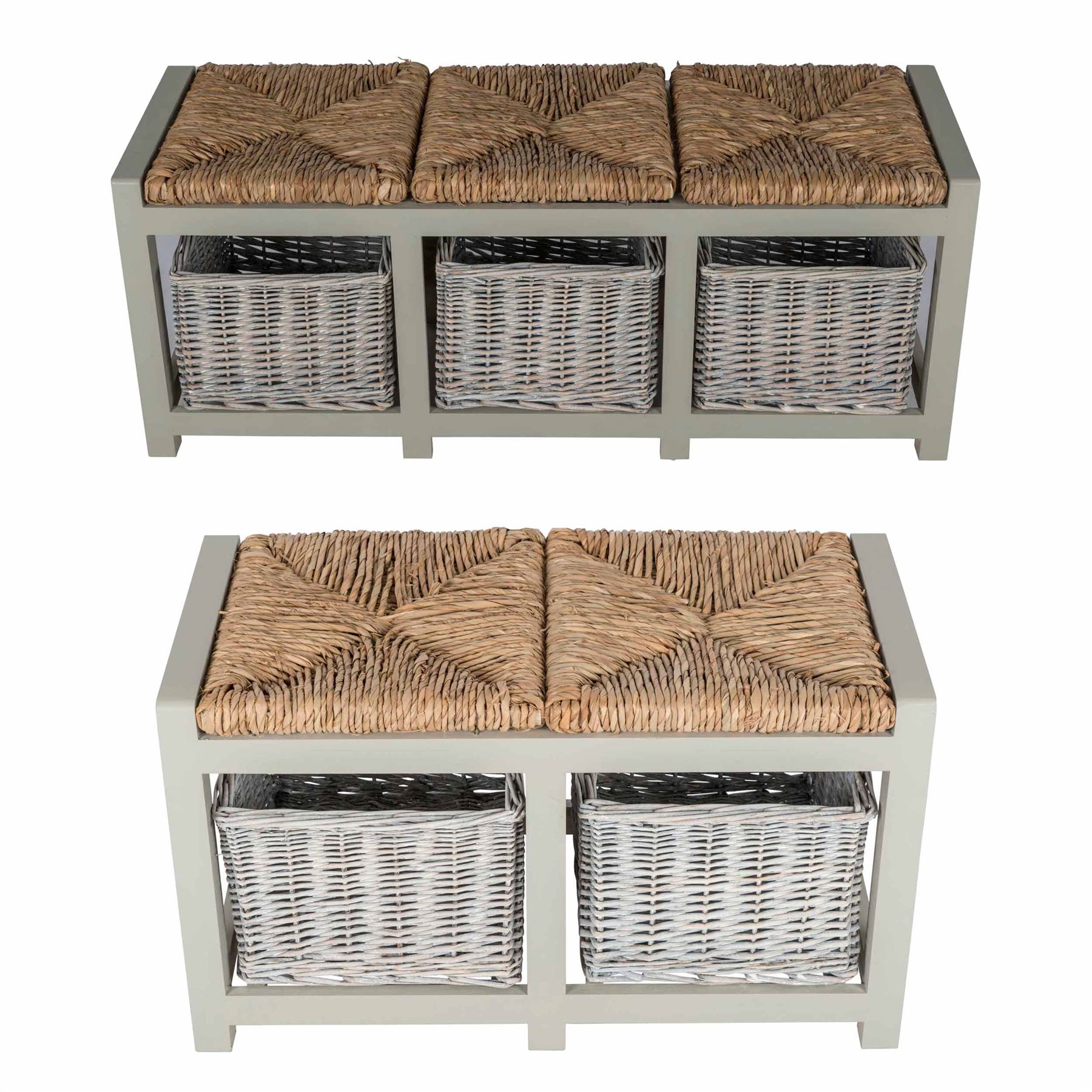 Grey Wooden Bench with Wicker Baskets Two & Three Seater Storage Unit eBay