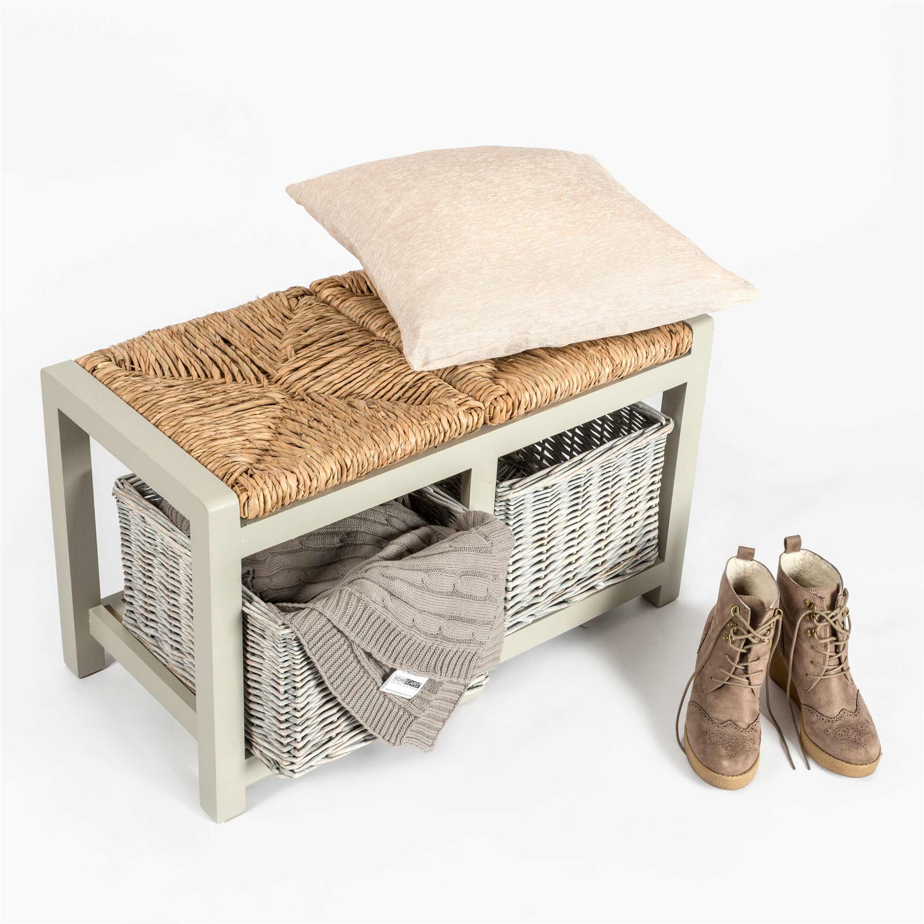 Grey Wooden Bench with Wicker Baskets Two & Three Seater Storage Unit