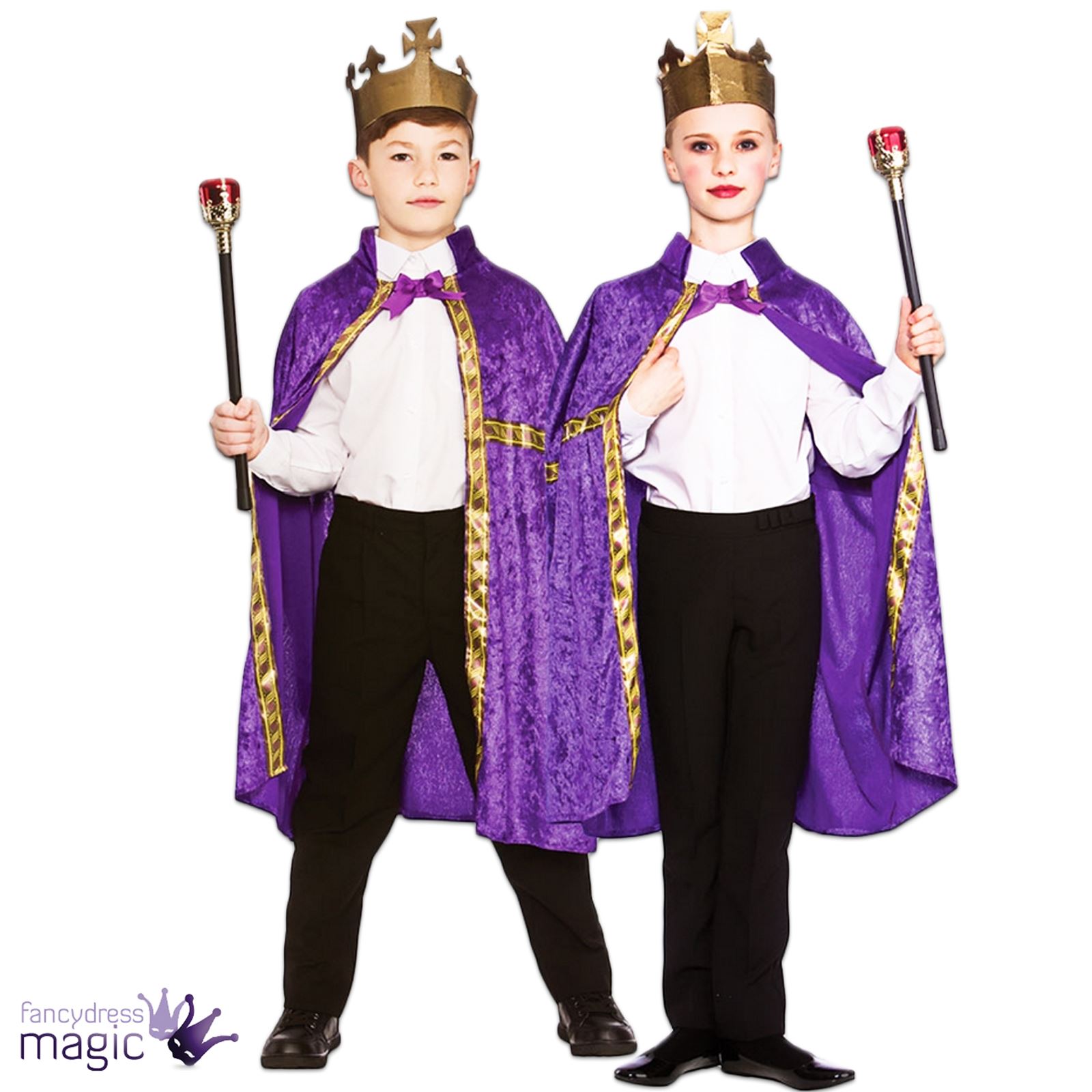 Boys Girl Deluxe Wise King Queen Robe & Crown Royal Fancy Dress Costume