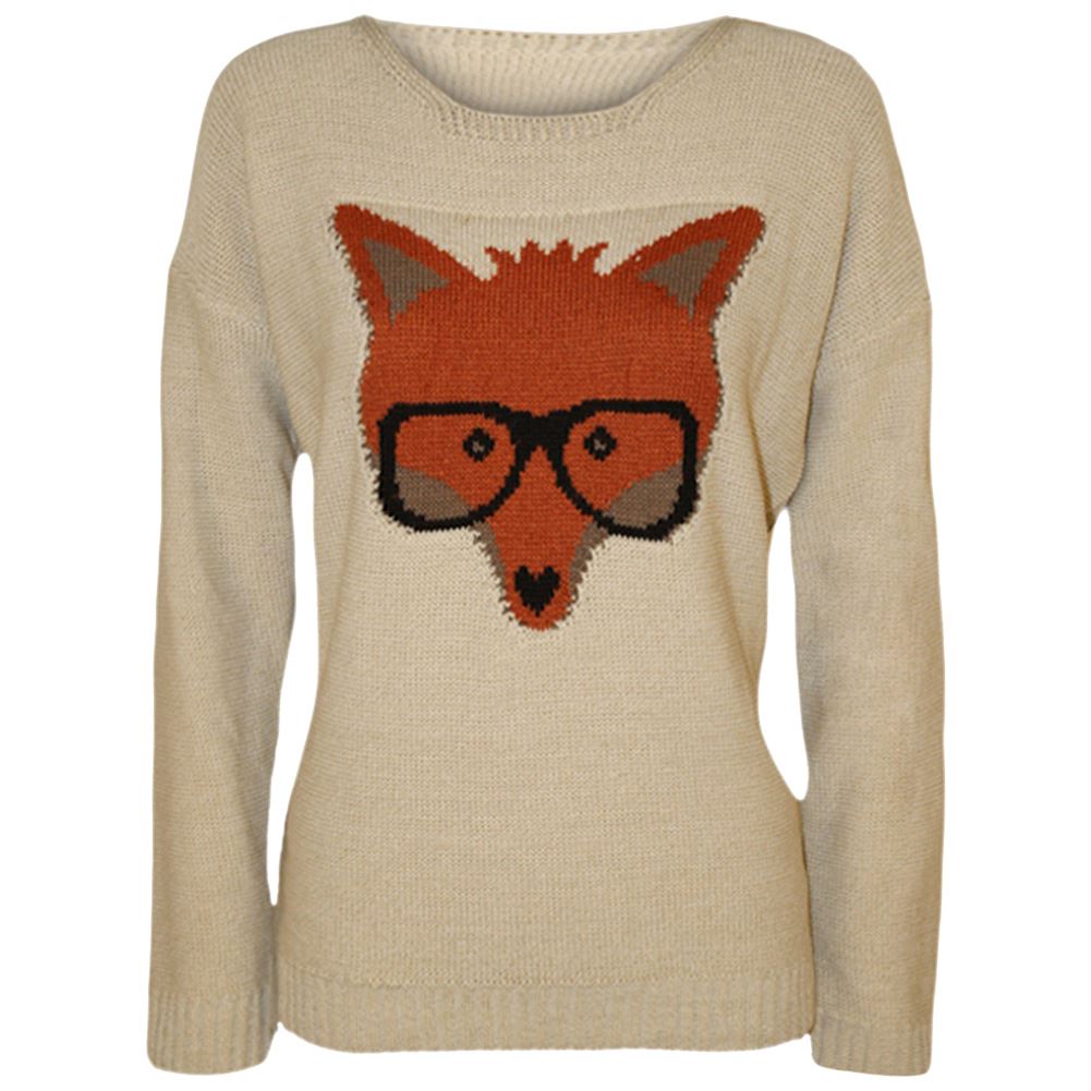 New Womens Fox With Glasses Print Knitted Jumper Ladies Long Sleeve Sweater Top