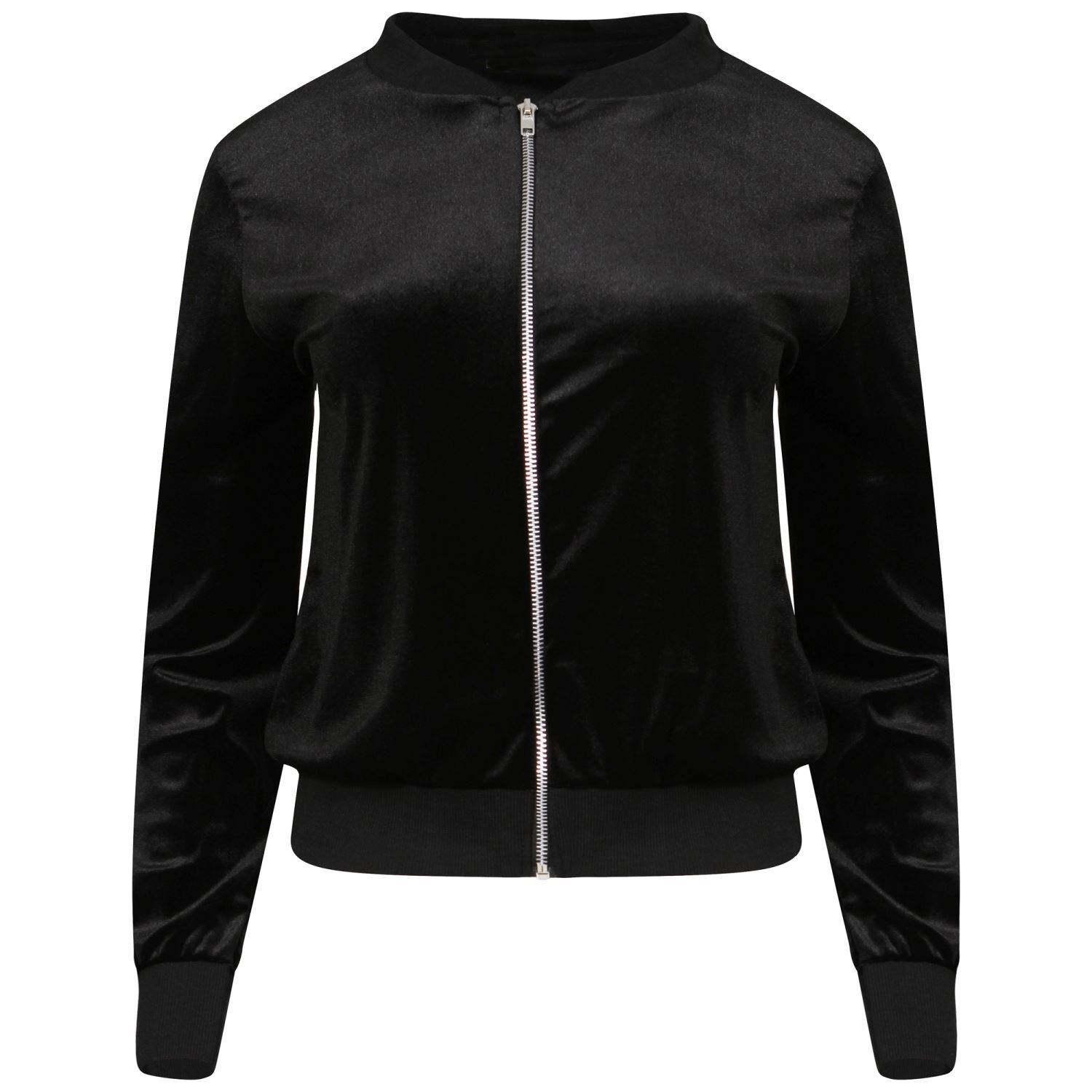 New Womens Ladies Velvet Velour Soft Touch Zip Up Bomber Jacket