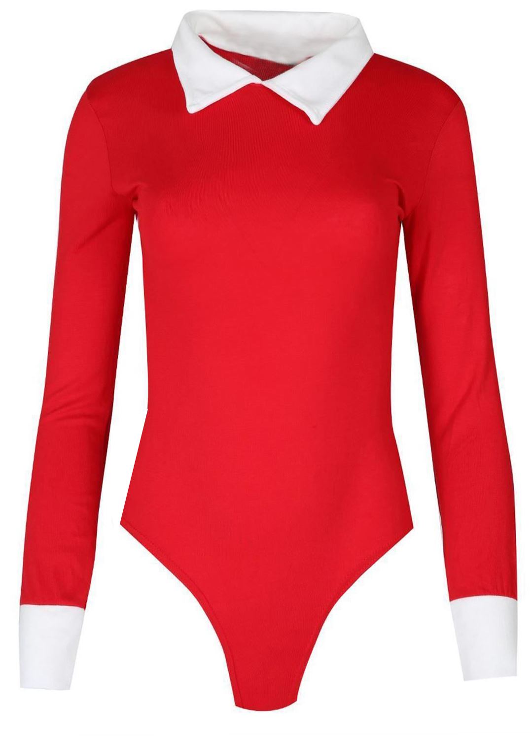 New Women Ladies Peter Pan Collar Plain Bodysuit Long Sleeve Stretch