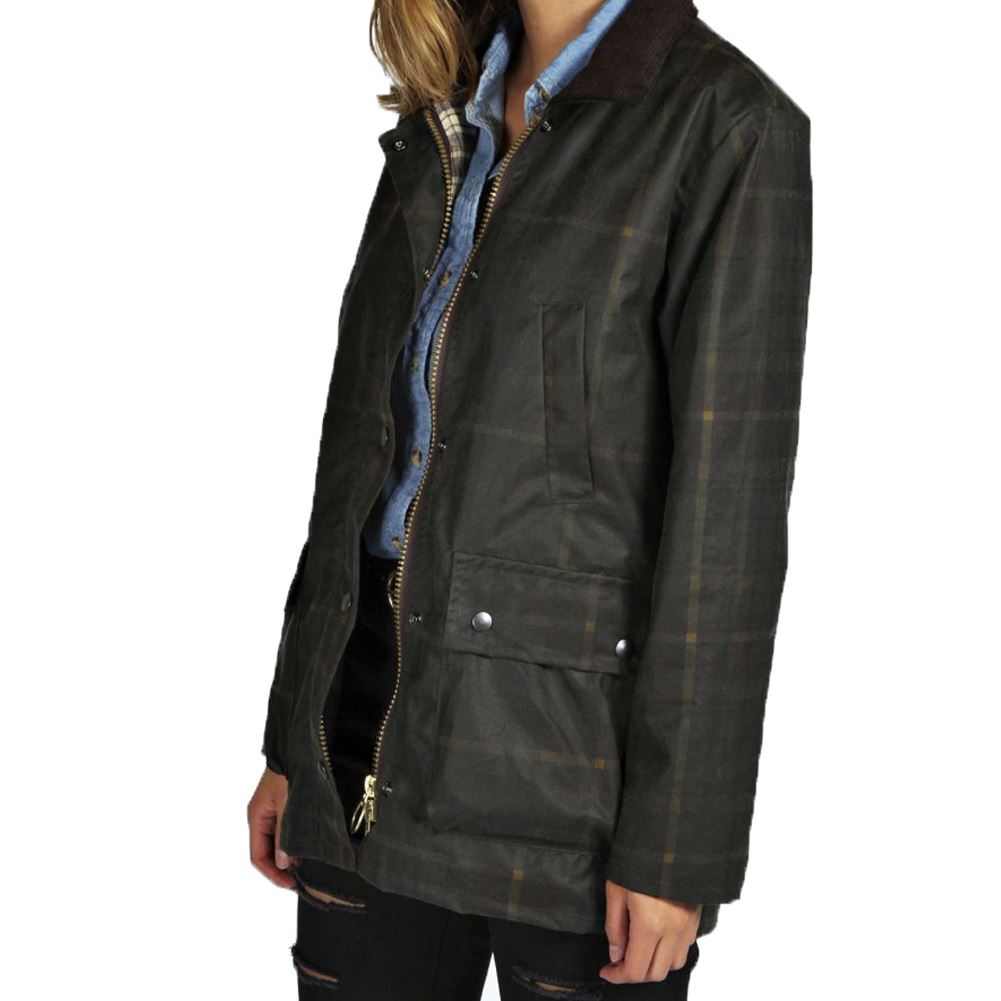 New Womens Ladies Check Wax Effect Jacket Long Sleeve Cotton Front