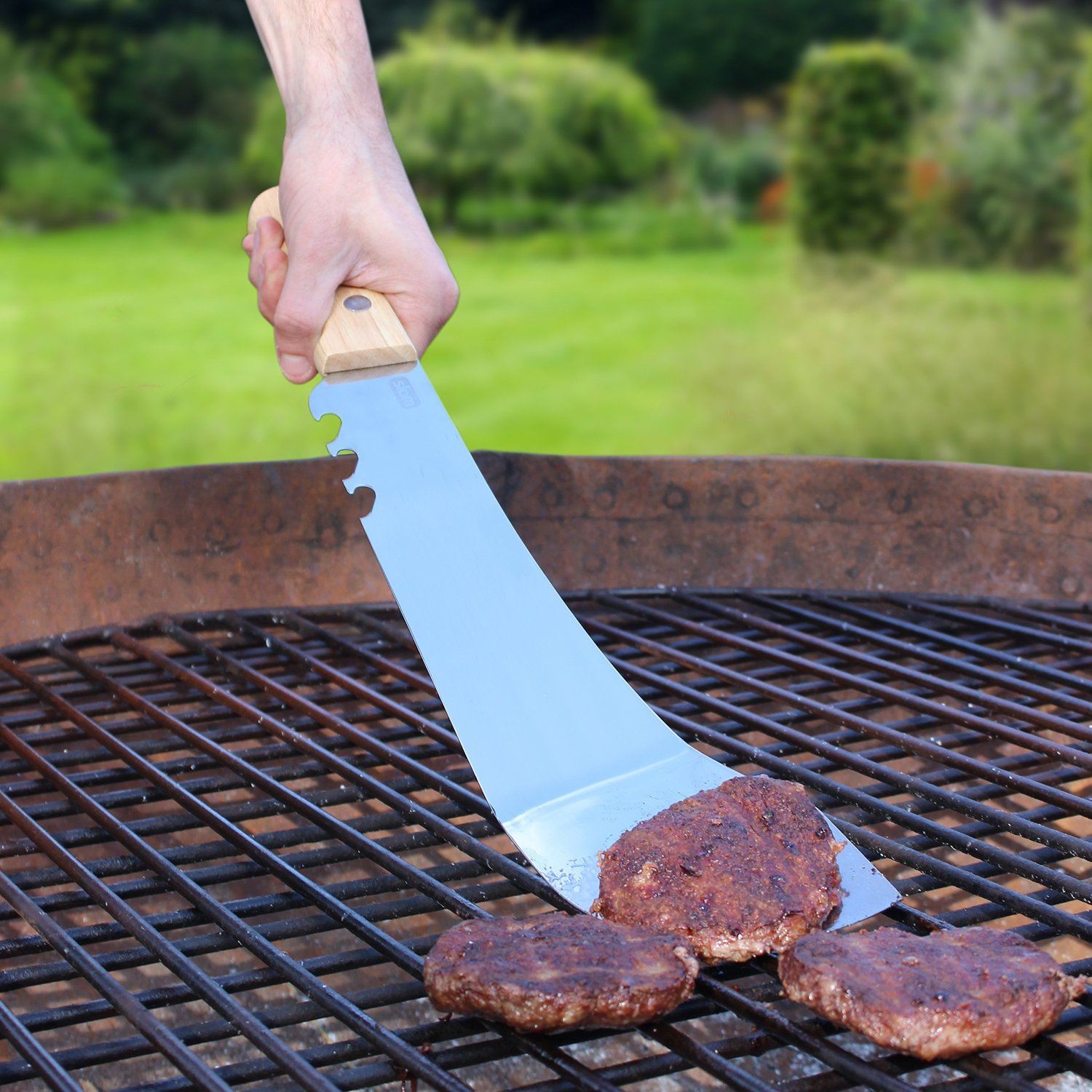 Machete Spatula Stainless Steel BBQ Tool Flipper Bottle Opener Oak