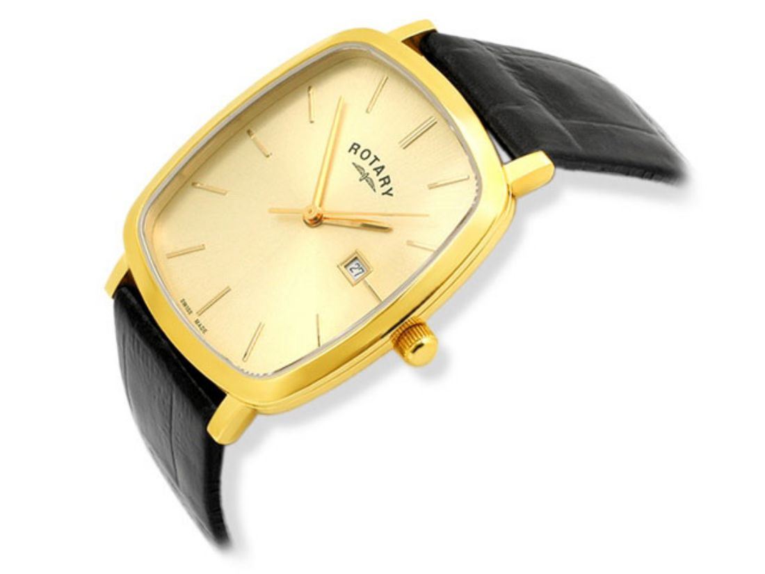 Rotary Mens GS0240203 Gold Plated Square Dial Black Leather Strap Wrist