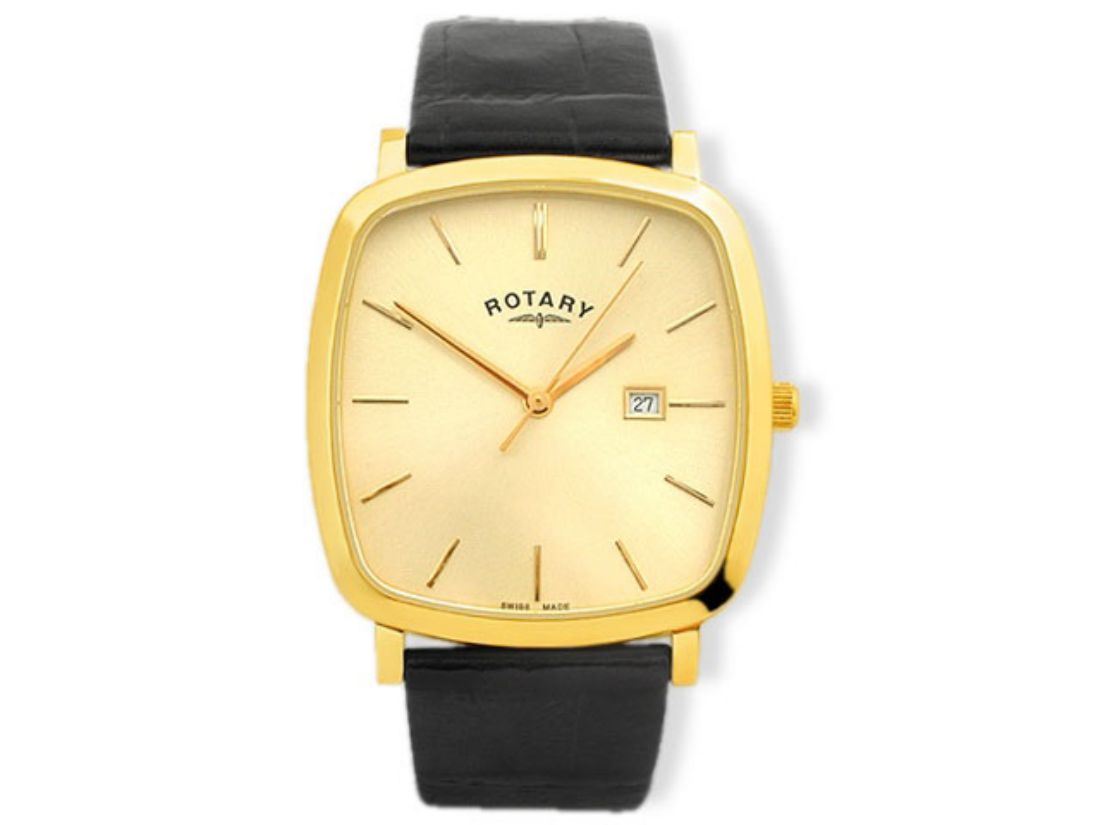 Rotary Mens GS0240203 Gold Plated Square Dial Black Leather Strap Wrist