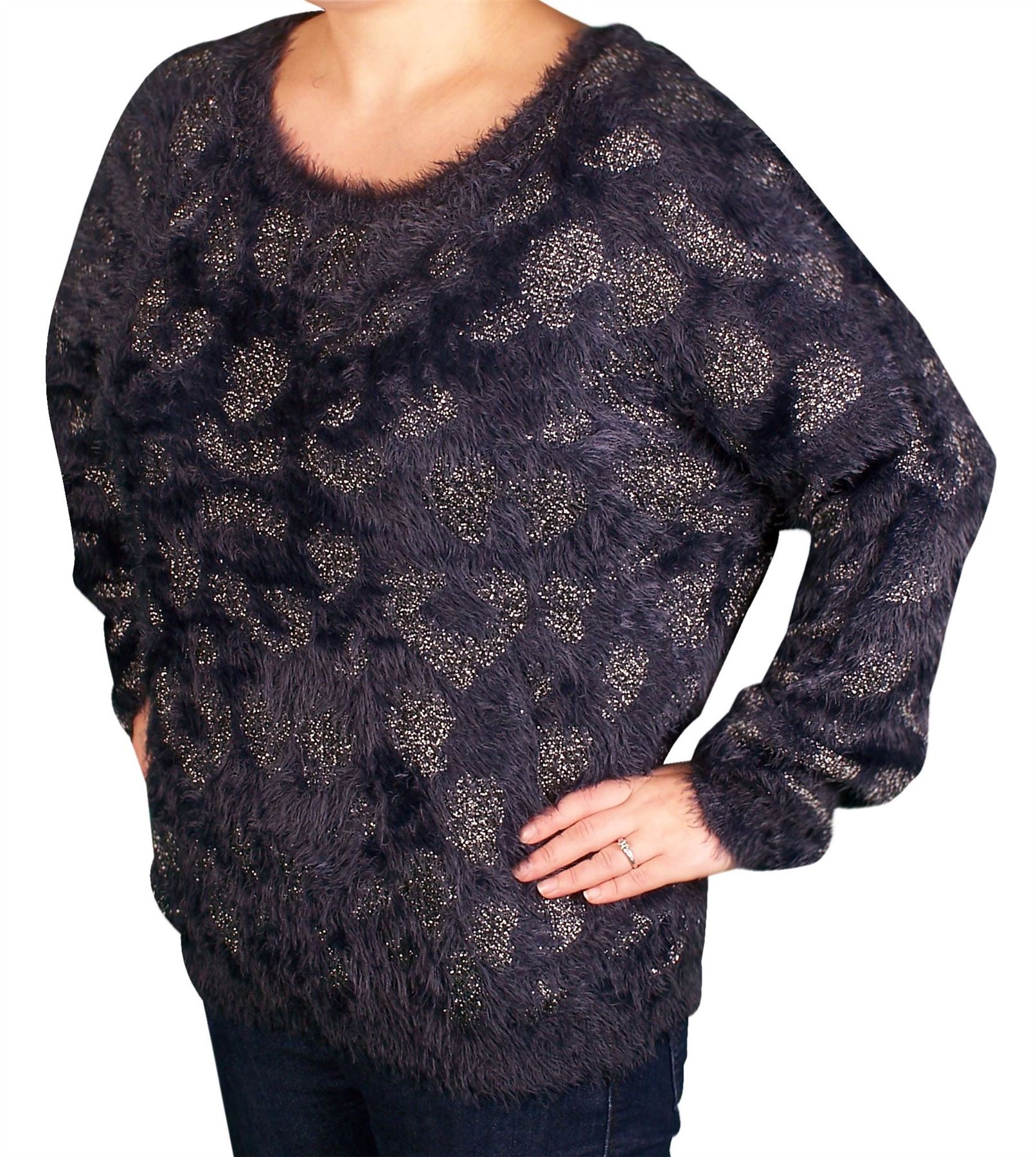 Womens Fluffy Jumper Ladies Knitted Crew Neck Mohair Furry Jumper