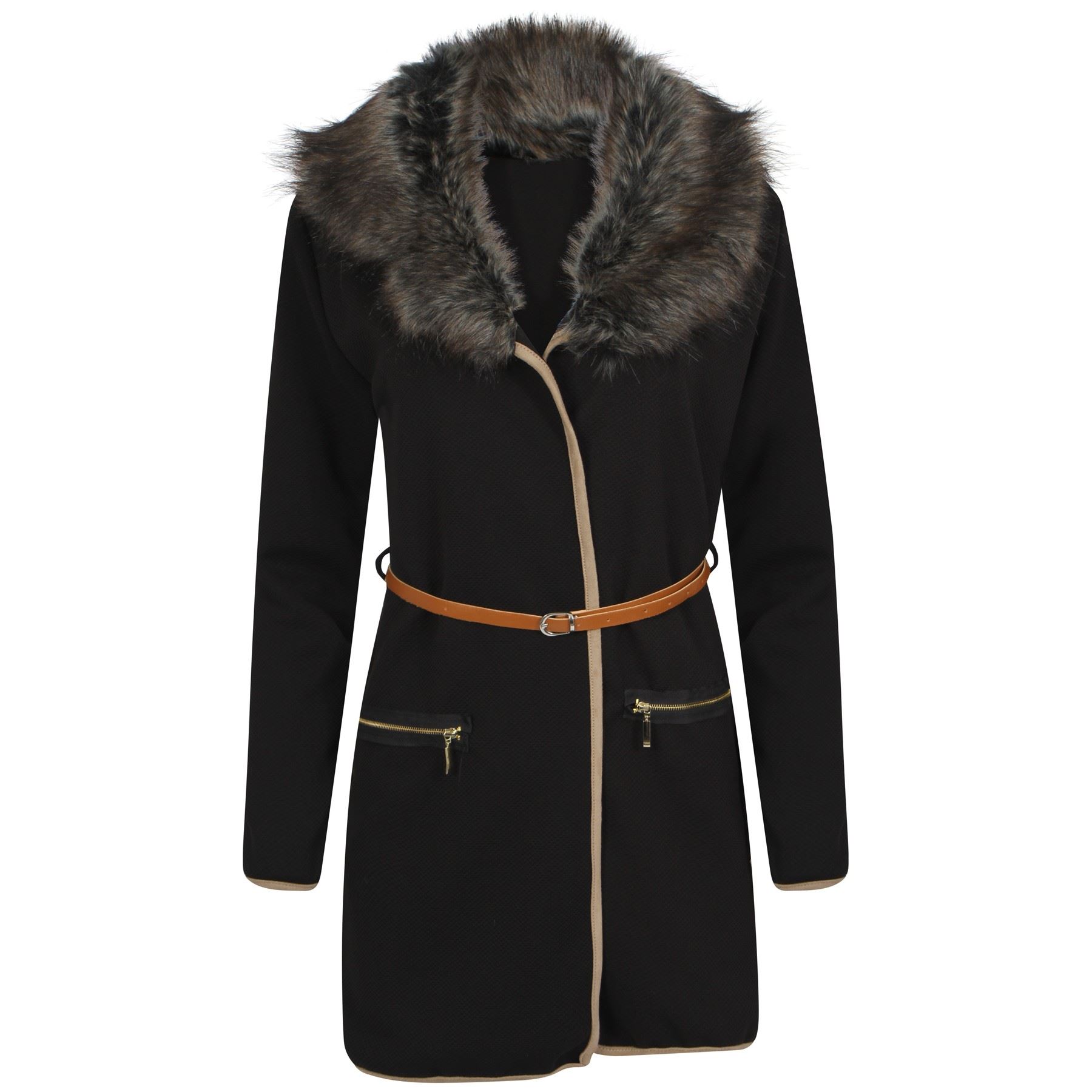 Womens Ladies Oversize Long Evening Waffle Fur Collar Coat Cardigan