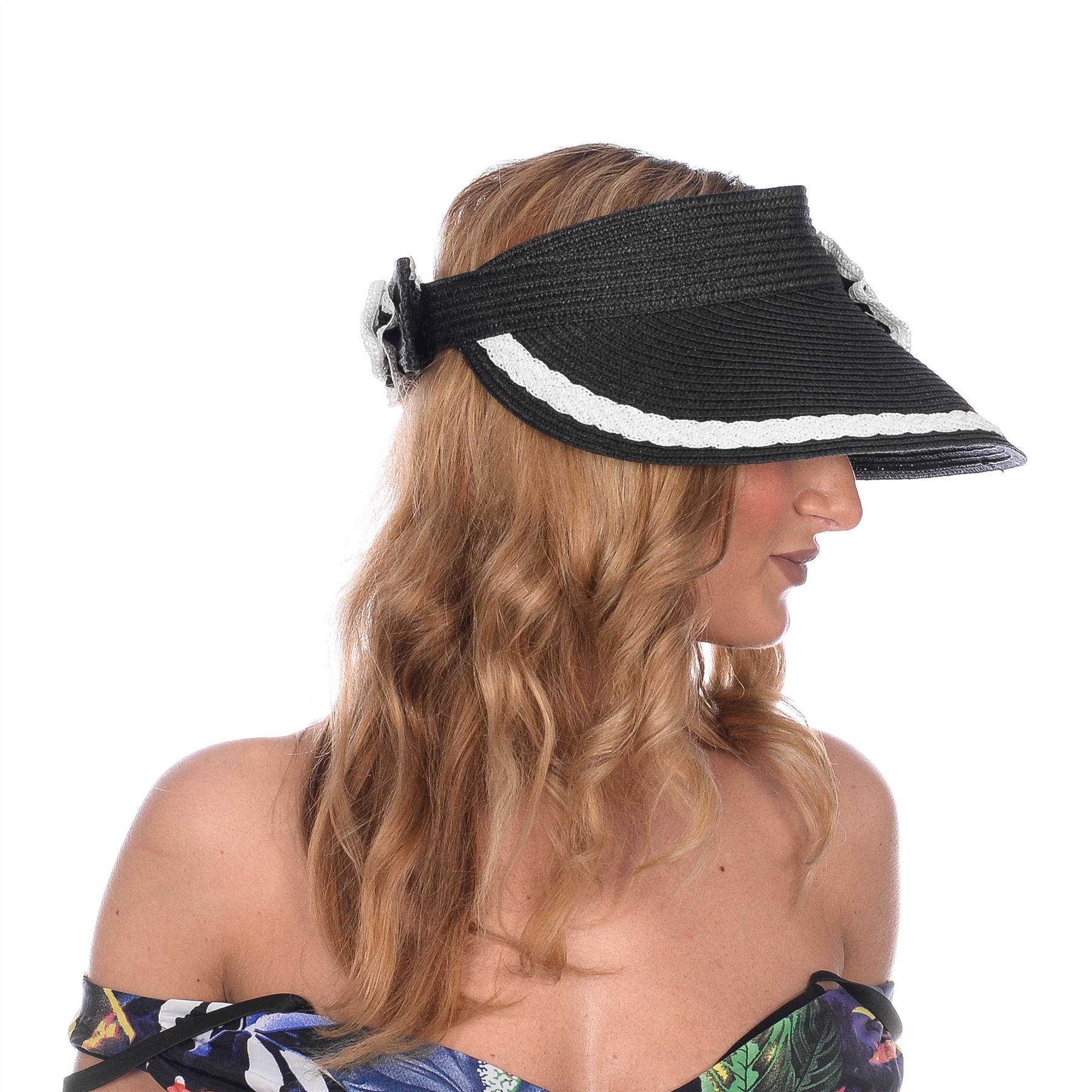 Womens Straw Summer Sun Visor Hat with Floral Bow Feature Beach Garden