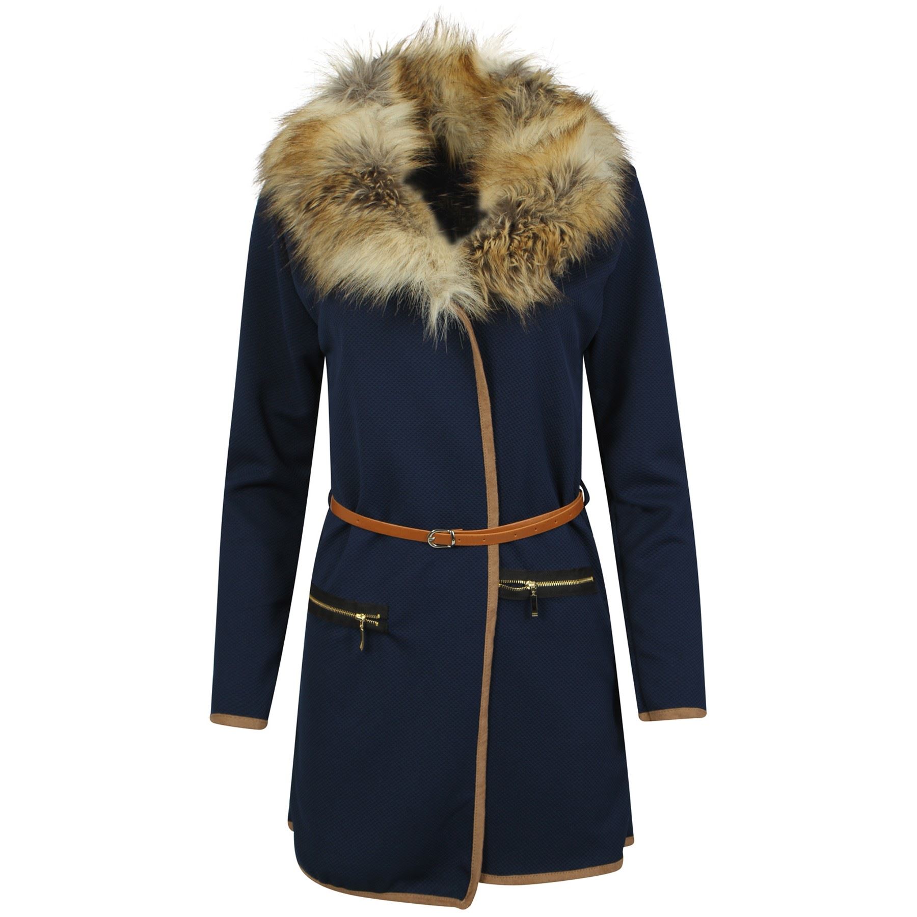 Womens Ladies Oversize Long Evening Waffle Fur Collar Coat Cardigan