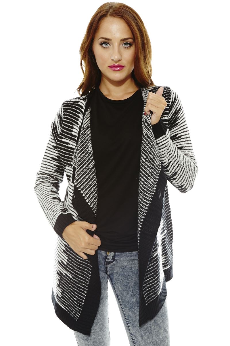 Ladies Womens Chunky Casual Stripe Cardigan Open Front Long Sleeve