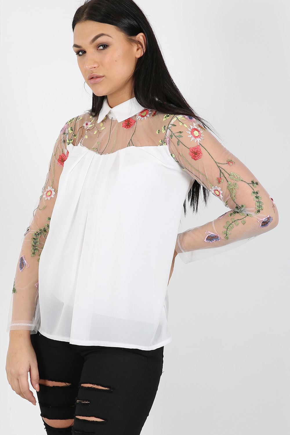 Ladies Womens Made In Italy Floral Embroidered Chiffon Shirt Collared